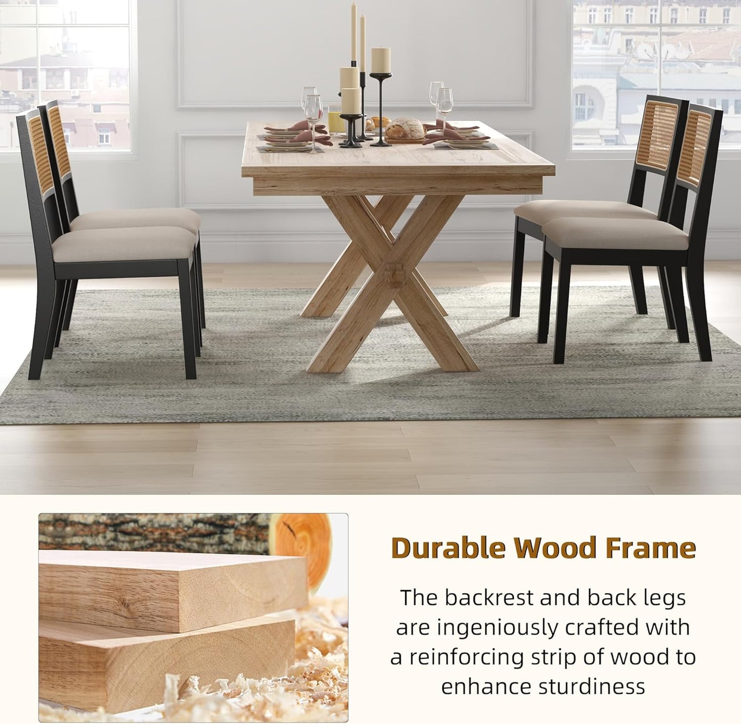 Westice Rattan Dining Chairs Set of 2, Farmhouse Natural Dining Room Chairs with Upholstered Cushion, Wood Armless Chairs for Kitchen/Restaurant, Black