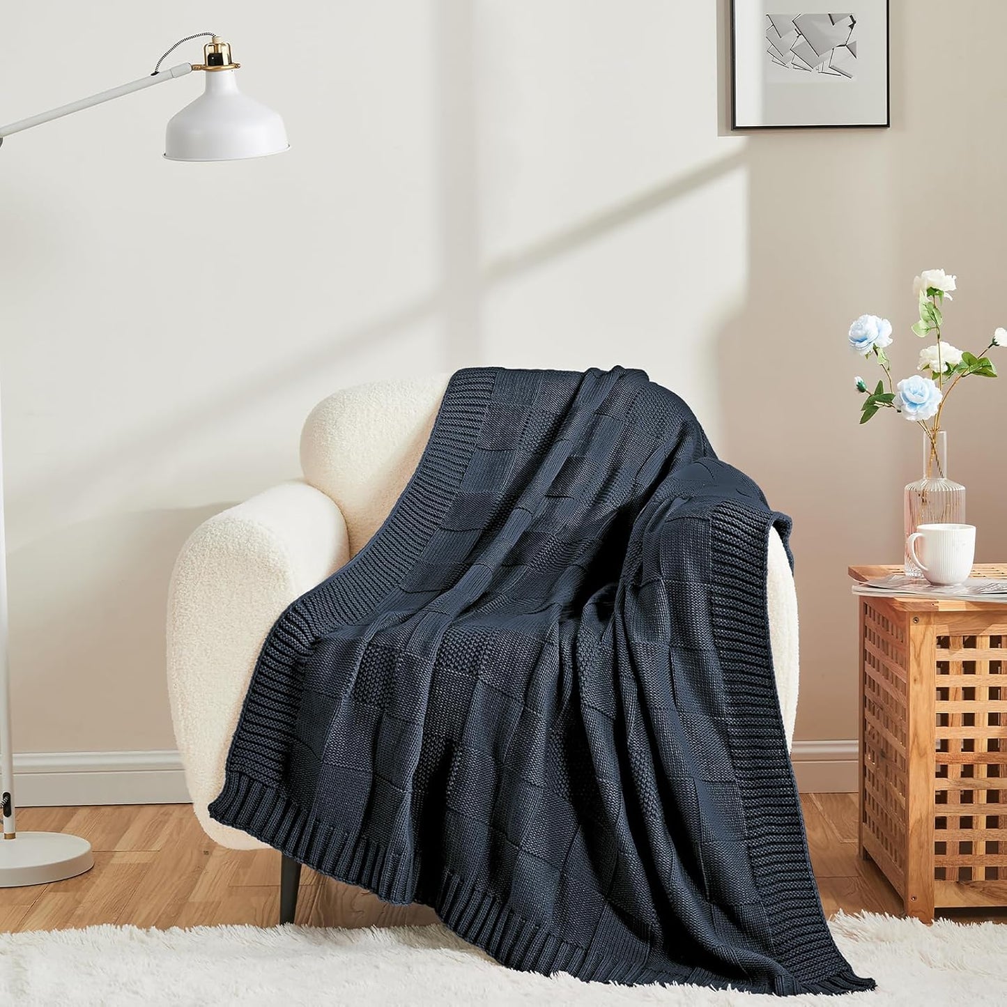 CozeCube Check Knit Throw Blanket, Midnight Navy Checkered Throw for Couch, Decorative Christmas Soft Cozy Warm Knitted Blanket for Bed Sofa Living Room, 50"X60"