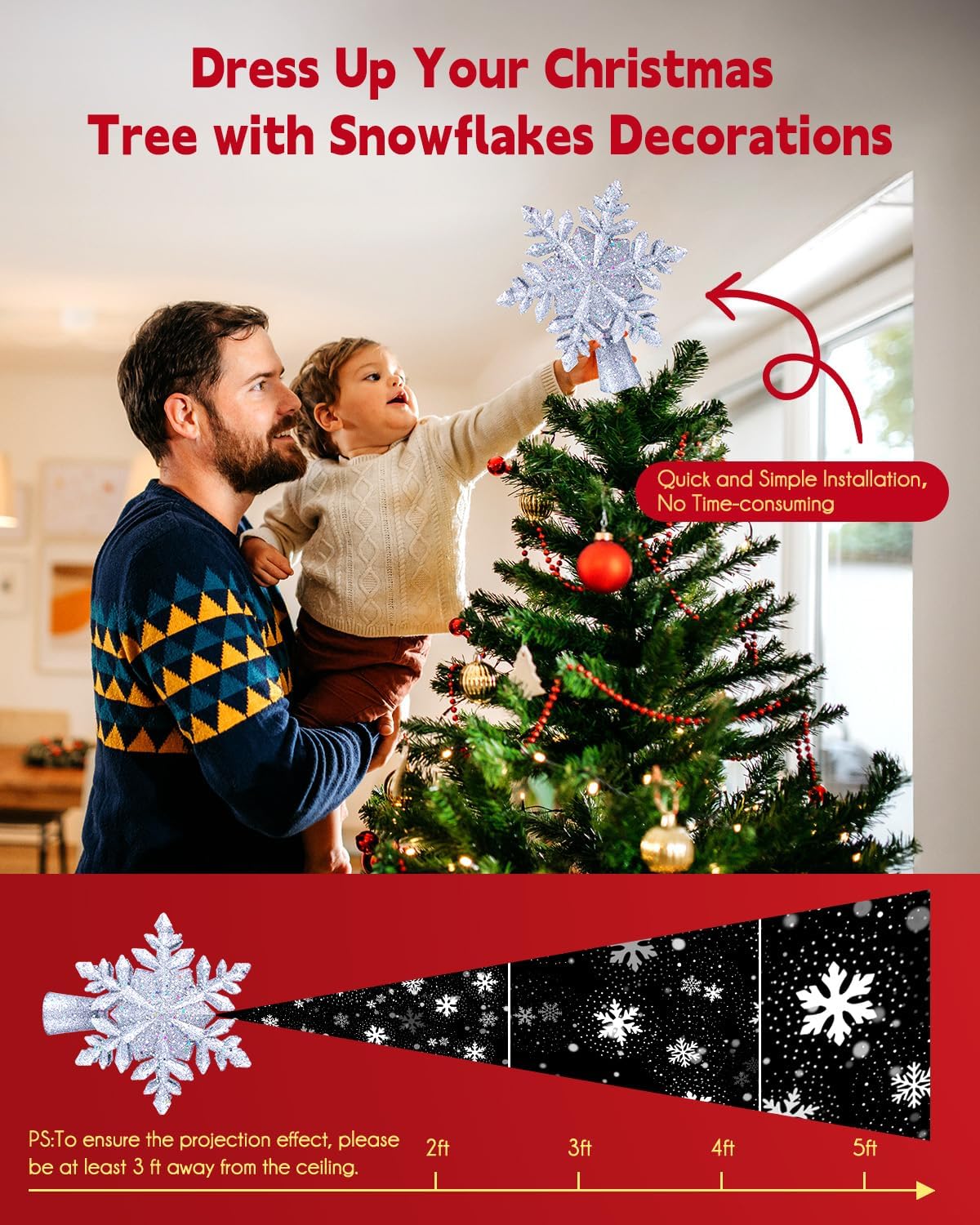 Christmas Tree Topper Lighted with Built-in Led Rotating Snowflake Projector Lights, 9.6” Hollowed Tree Topper with Silver Spangles Plug In for Indoor Home Xmas New Year Party Holiday Night Tree Decor