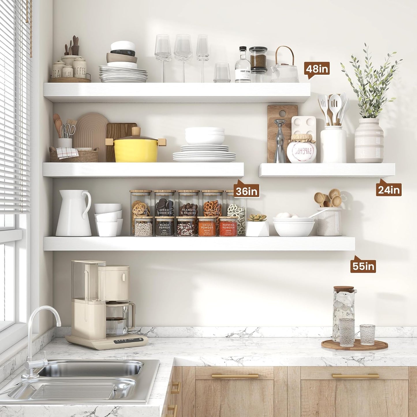 Heimlove 55 Inch Floating Shelves for Wall,10 Deep Large White Wall Shelf with Heavy Duty Brackets,Wall Mounted Storage & Display Shelves for Bedroom,Living Room,Kitchen,Office