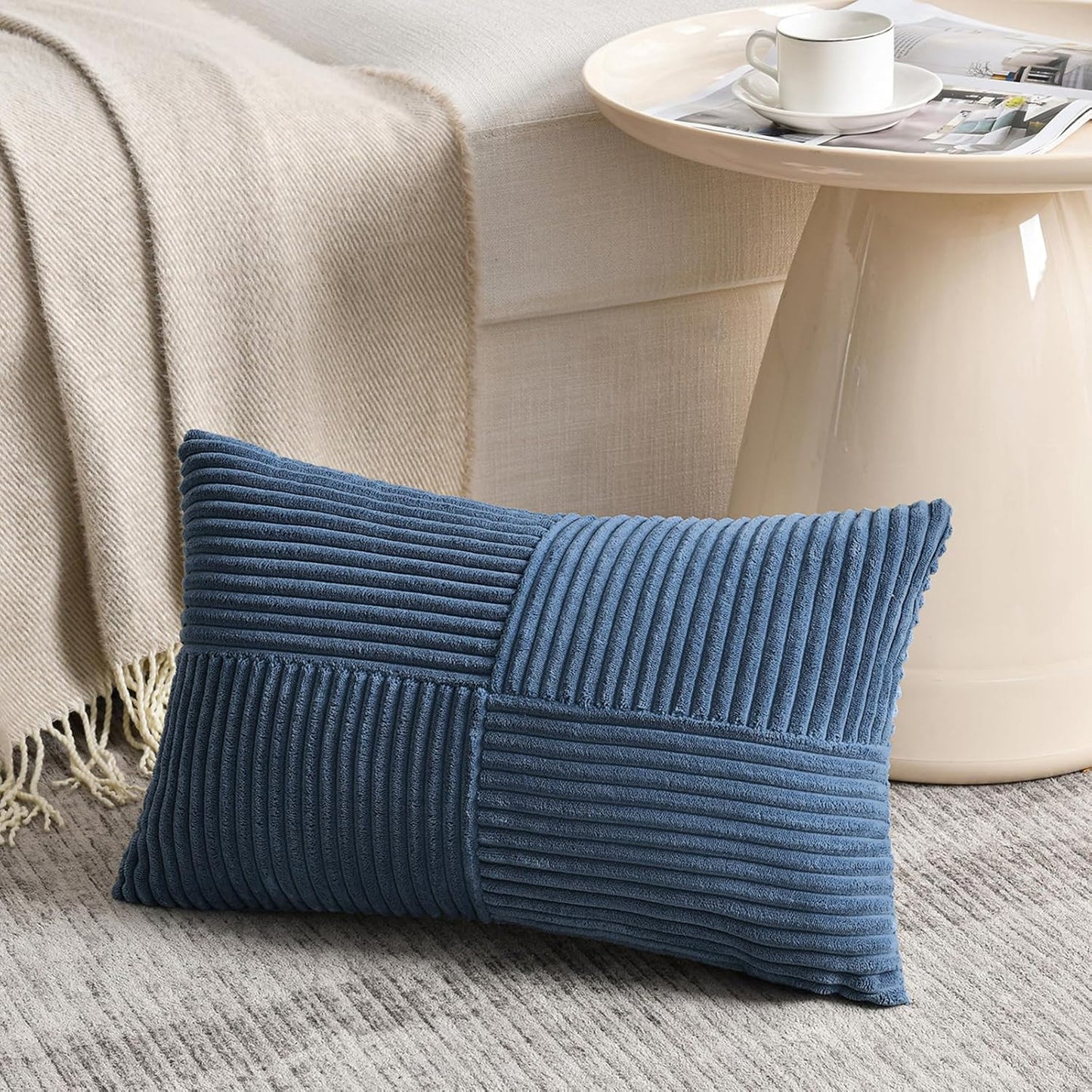 Fancy Homi 2 Packs Dusty Blue Lumbar Decorative Throw Pillow Covers 14x24 Inch for Couch Bed Sofa, Rustic Farmhouse Boho Home Decor, Soft Striped Corduroy Rectangle Accent Cushion Case 35x60 cm