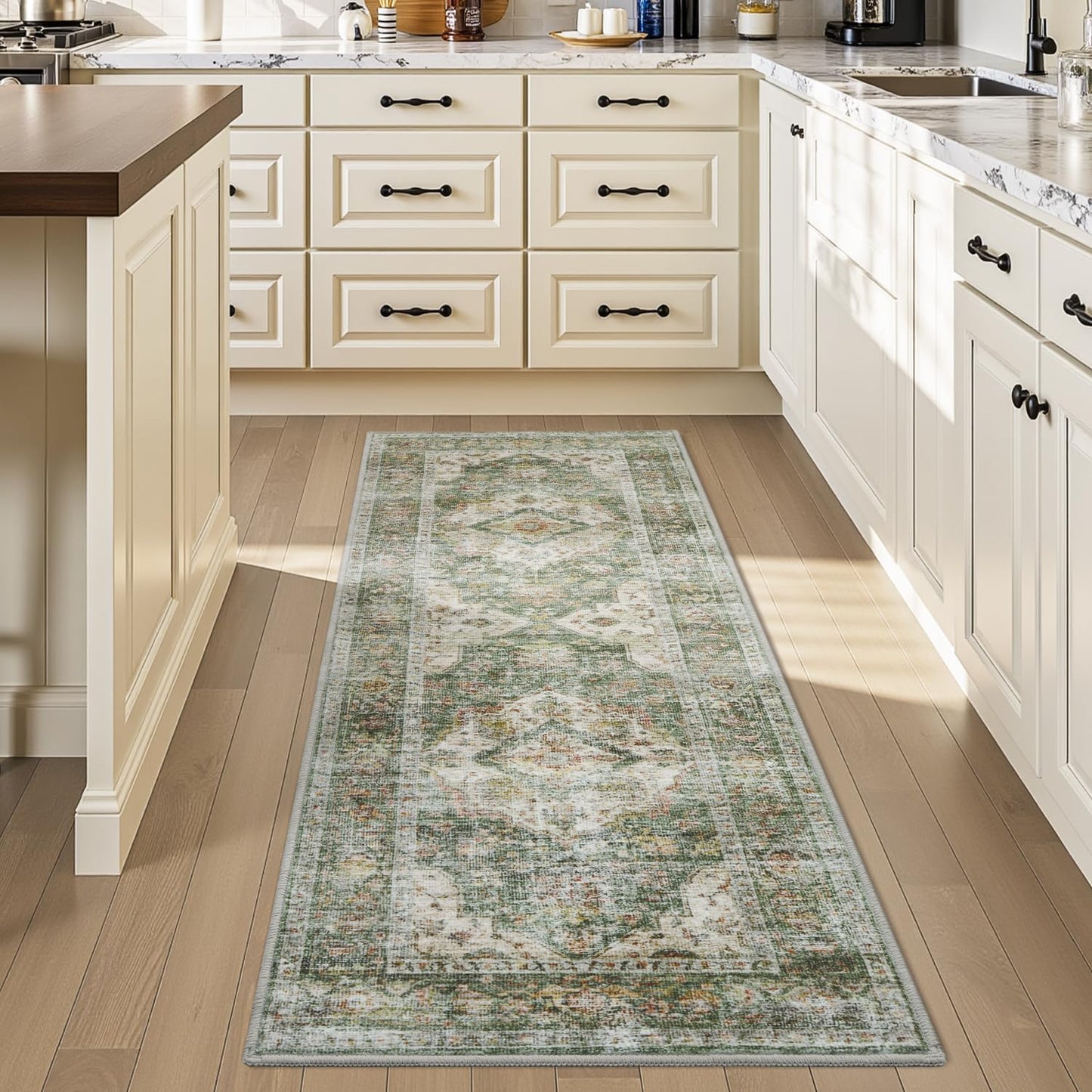 AMOAMI-2X3 Small Rug-Washable Rugs Entryway Mat Indoor-Soft Vintage Non Slip Rugs for Kitchen Laundry Room Bathroom Green Decorative Accent Rug for in Front of Sink 24 Inch x36 Inch