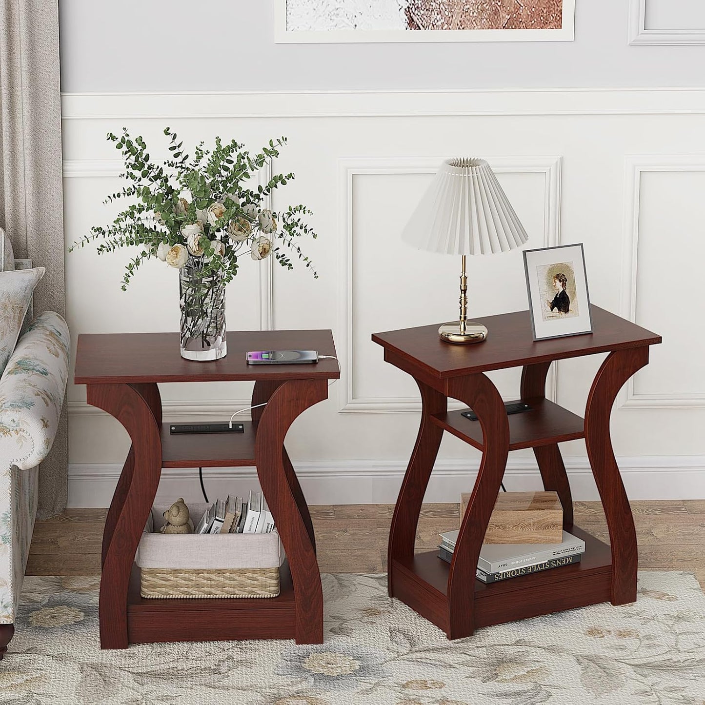 End Tables Living Room Set of 2,Cherry End Table with Charging Station,Side Table, Nightstand for Bedroom, 3 Tier End Table with Storage Shelf for Living Room(Cherry)