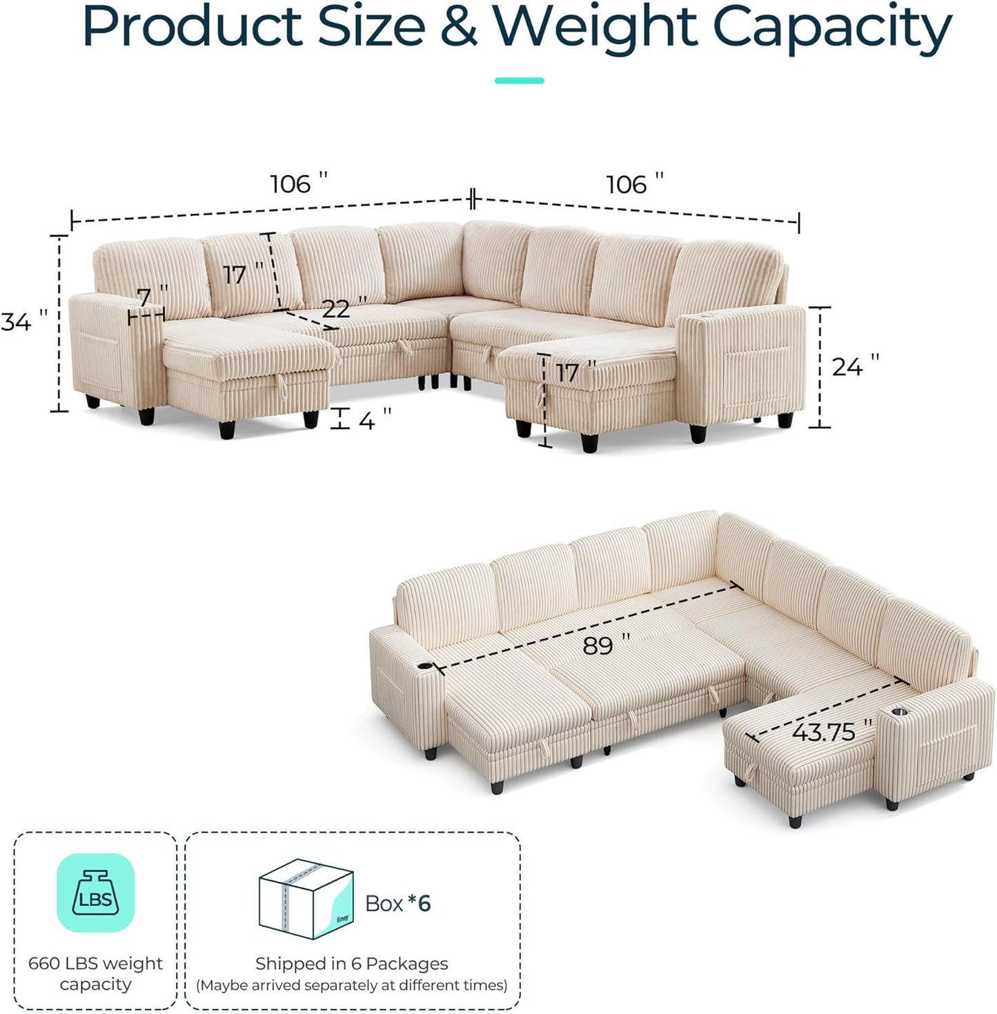 LINSY HOME Sectional Sleeper Sofa with Pull Out Couch Bed - Convertible Plush Corduroy Cloud Couches with Storage Chaise & USB Charging, Comfy Modular Couch for Living Room, Beige