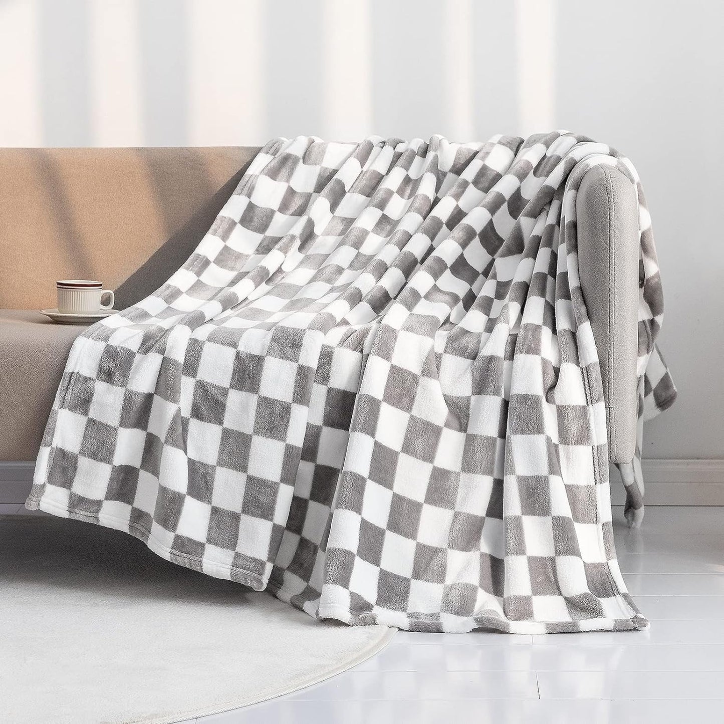LOMAO Throw Blankets Flannel Blanket with Checkerboard Grid Pattern Soft Throw Blanket for Couch, Bed, Sofa Luxurious Warm and Cozy for All Seasons (Grey, 60"x80")