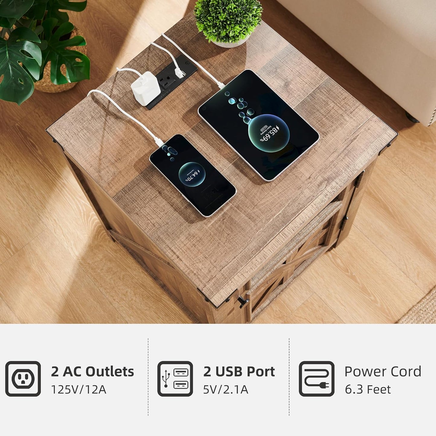 JXQTLINGMU Farmhouse End Table with Charging Station, 18'' Rustic Nightstand with Barn Door & Adjustable Shelf, Wooden Sofa Side Table with 3-Tier Storage for Living Room, Bedroom, Warm Brown