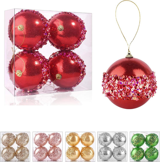 4" Christmas Ball Ornaments, 4pc Set Red Shatterproof Christmas Decorations Tree Balls for Xmas Trees Wedding Party Holiday Decorations