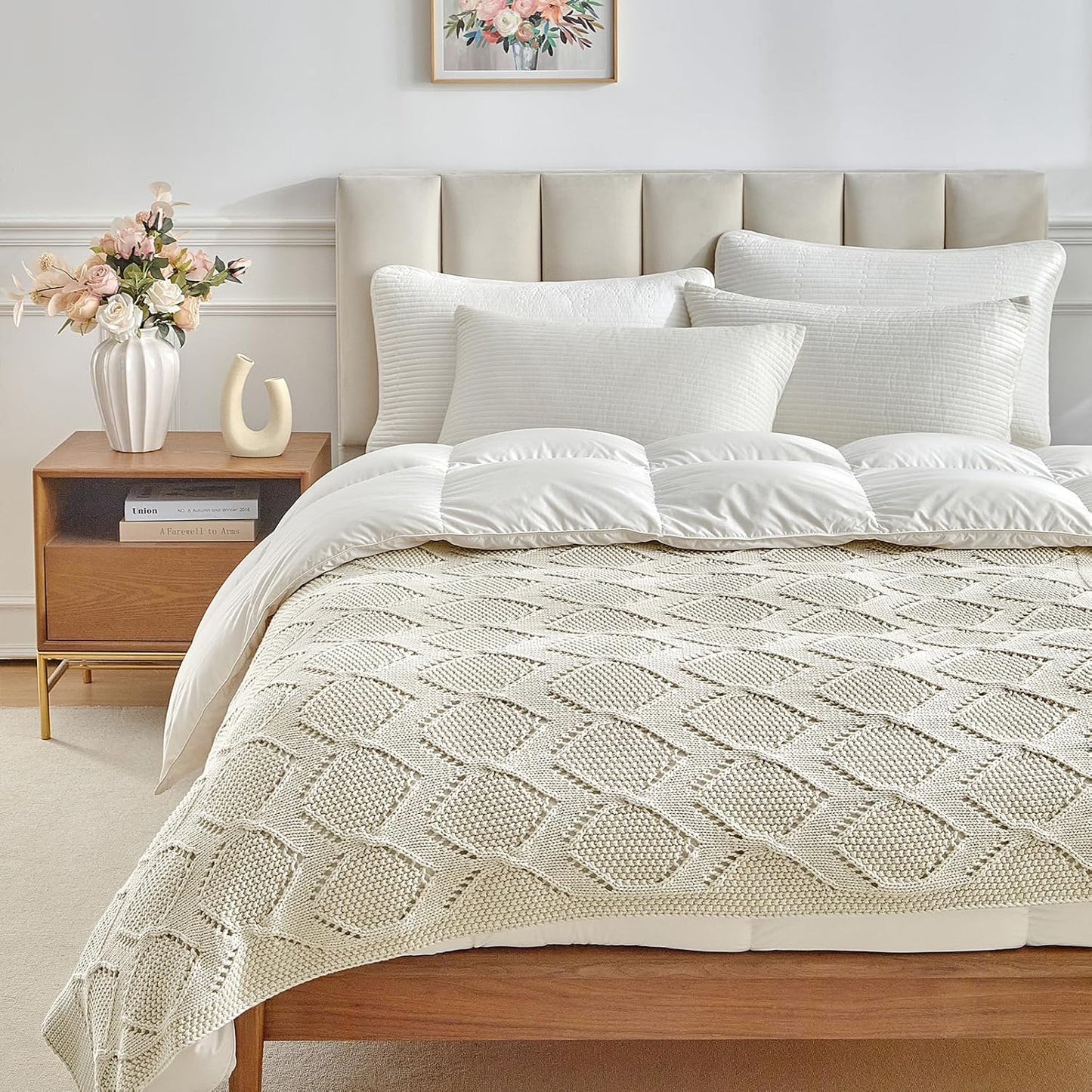 Longhui bedding Chunky Cotton Knit Throw Blanket for Couch, Sofa, Bed, or Chair, Decorative Breathable Fall Cable Knit Blanket 51 x 63 Inches, Beige