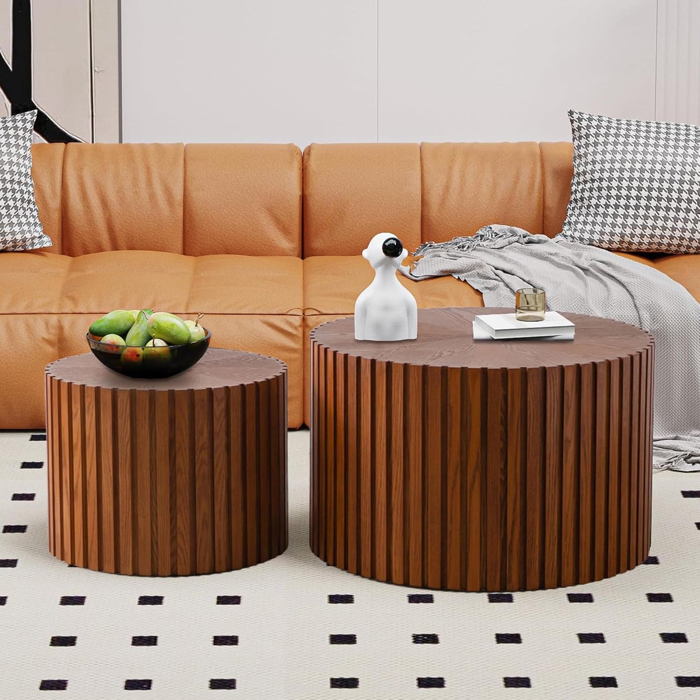 WXFKLDJ Round Nesting Coffee Table Set Cylindrical Wooden Coffee Table Sofa Center Table Circle Embossed Design Side Table for Living Room Apartment No Assembly (Striped Brown Large)
