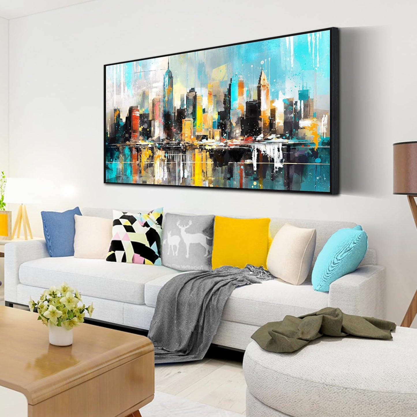LAOTOART Cityscape Abstract Wall Art for Living Room - Blue Wall Decor - Modern Wall Art Framed Ready to Hang Size 29" x 59"