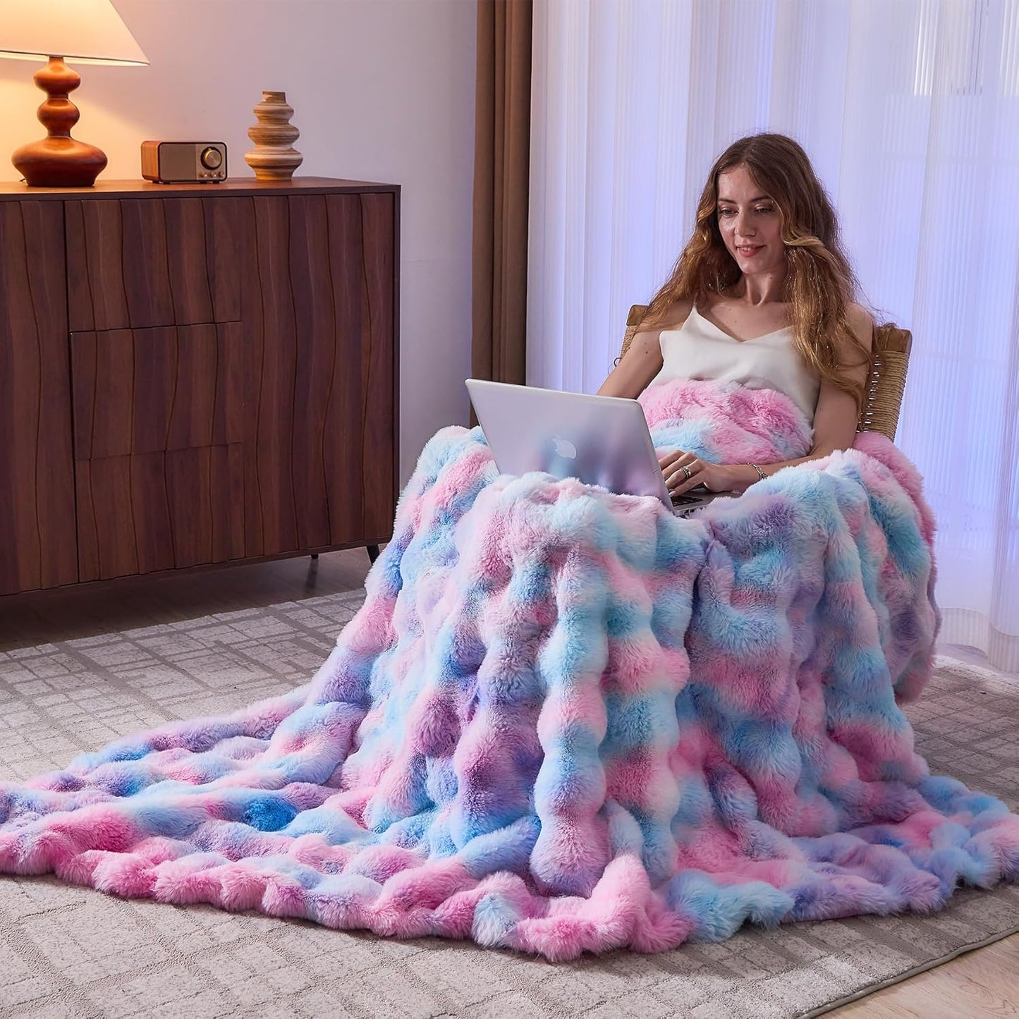 Lotus Karen Faux Fur Throw Blanket Tie-Dye Purple Rainbow - Big Bubble Rabbit Fluff Blanket for Couch, Large Fluffy Fuzzy Cozy Blanket,Thick Furry Plush Shaggy Blankets,90x90 Inches