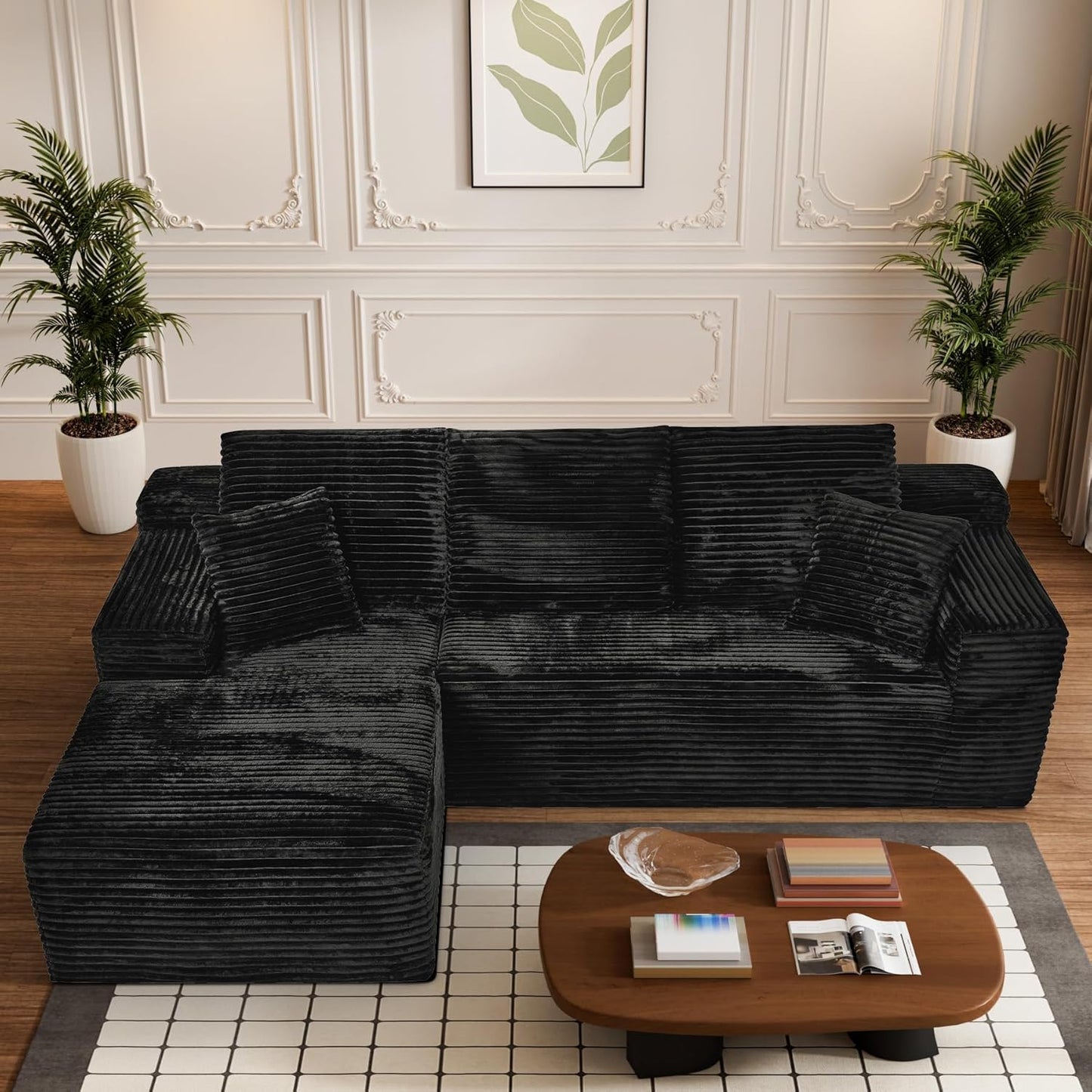 Modular Sectional Sofa Cloud Sectional Couch, 107" Comfy Fluffy L Shaped Light Black Couches for Living Room, Deep Seat Memory Foam Corduroy Boneless Couch Sectionals with Right Facing Chaise Sofa