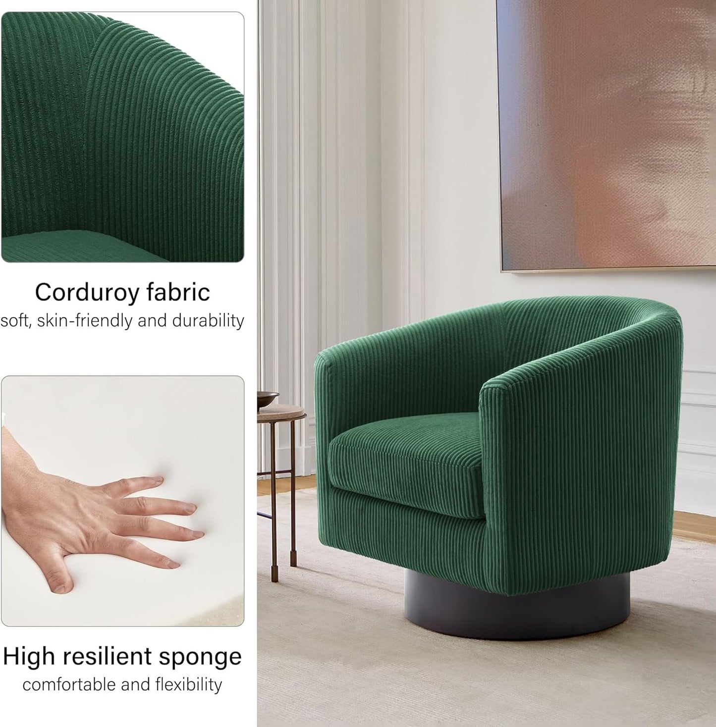 Swivel Barrel Accent Chair, Modern Round Corduroy Fabric Arm Chair for Living Room, Bedroom, Comfy Club Reading Chairs for Adults (Corduroy Dark Green, Set of 4)