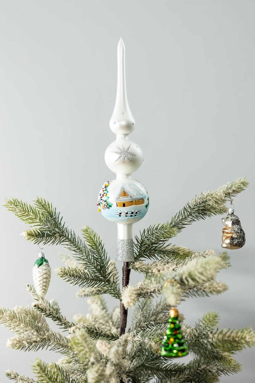 Christmas Tree Topper Spitz Glass Mouth Blown Hand-Decorated Embellishments (Silver, 12 inch)