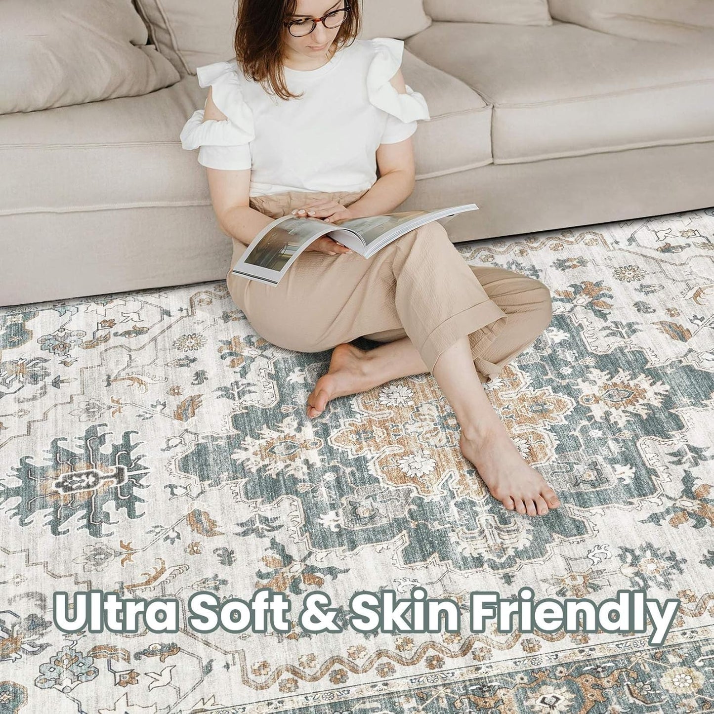 Washable Area Rugs for Living Room -10x12 Neutral Vintage Distressed Floral Farmhouse Boho Large Soft Floor Rug Indoor Non Slip Carpet for Living Room Bedroom Dining Room Office -Green/Grey