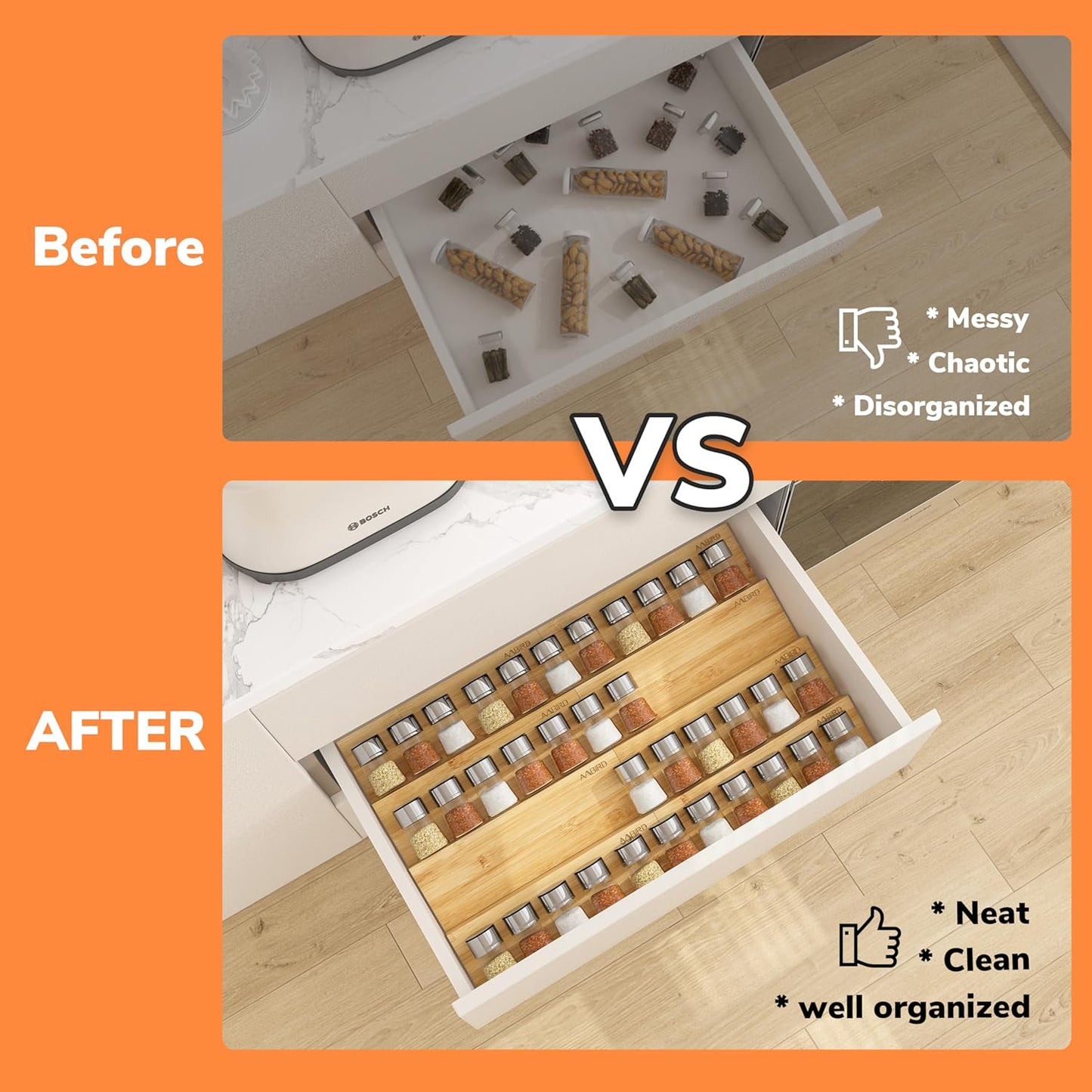 AMBIRD Bamboo Spice Drawer Organizer with Non-slip Mat,4 Tier - 2 Set Jar Spice Rack Tray From 9.5''to 19'', Seasoning Organizer for Kitchen,Cabinet,Drawers,Countertop