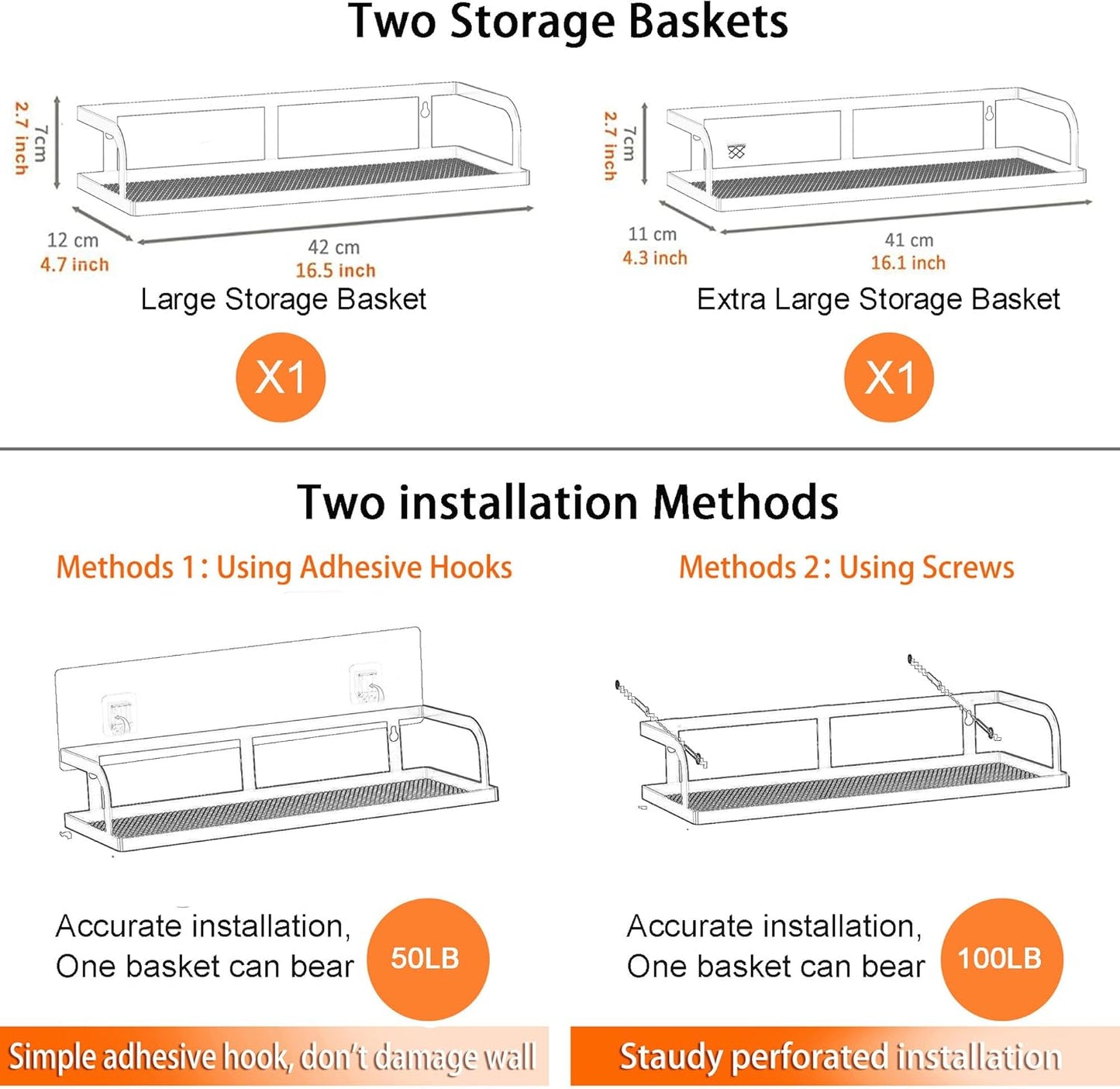 PUSDON Metal Wall Hanging Basket 2 Packs DIY Suitable for Multiple Scenes - Large Silver Grey Hollowout