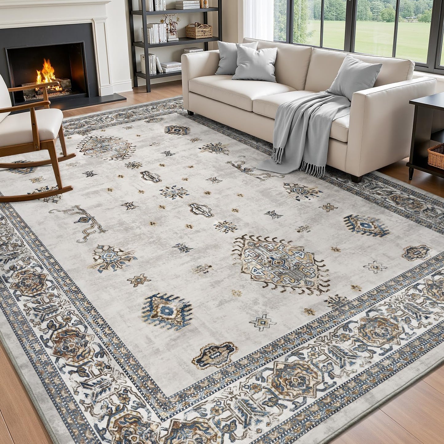AMOAMI-Vintage Area Rug 5X7 Grey Rugs for Living Room-Soft Living Room Rug Non Slip Rugs for Bedroom Carpet Machine Washable Rug for Dining Room Bedside Office Room Decor