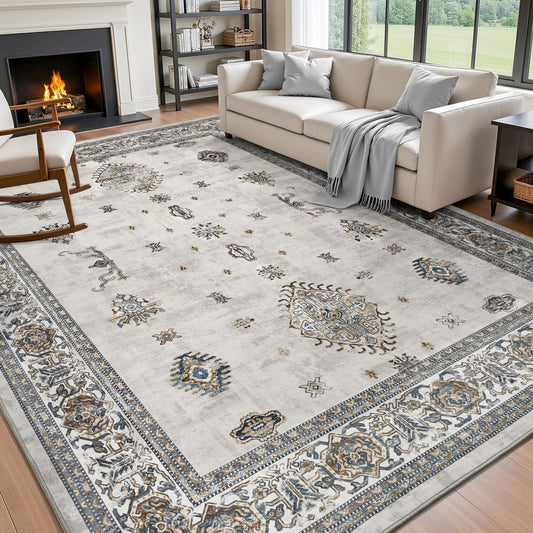 AMOAMI-Vintage Area Rug 8X10 Grey Rugs for Living Room-Soft Living Room Rug Non Slip Rugs for Bedroom Carpet Machine Washable Rug for Dining Room Bedside Office Room Decor