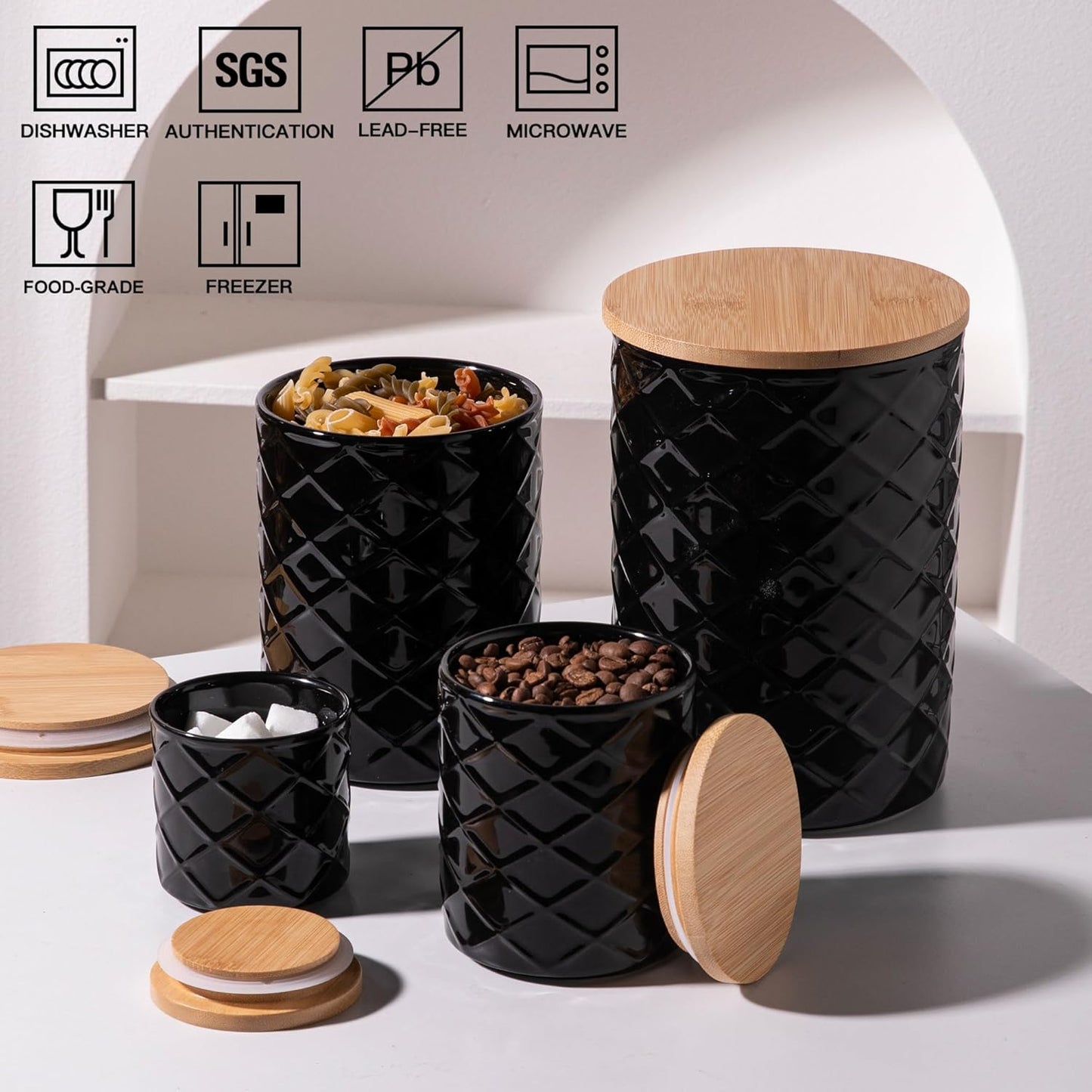 Sweejar Ceramic Canisters Sets for Kitchen Countertop, Relief Food Storage Jar with Bamboo Lid, Stackable Container for Flour, Coffee, Pasta, Cereal, Tea, Cookies, Sugar, Spices, Pack of 4 (Black)