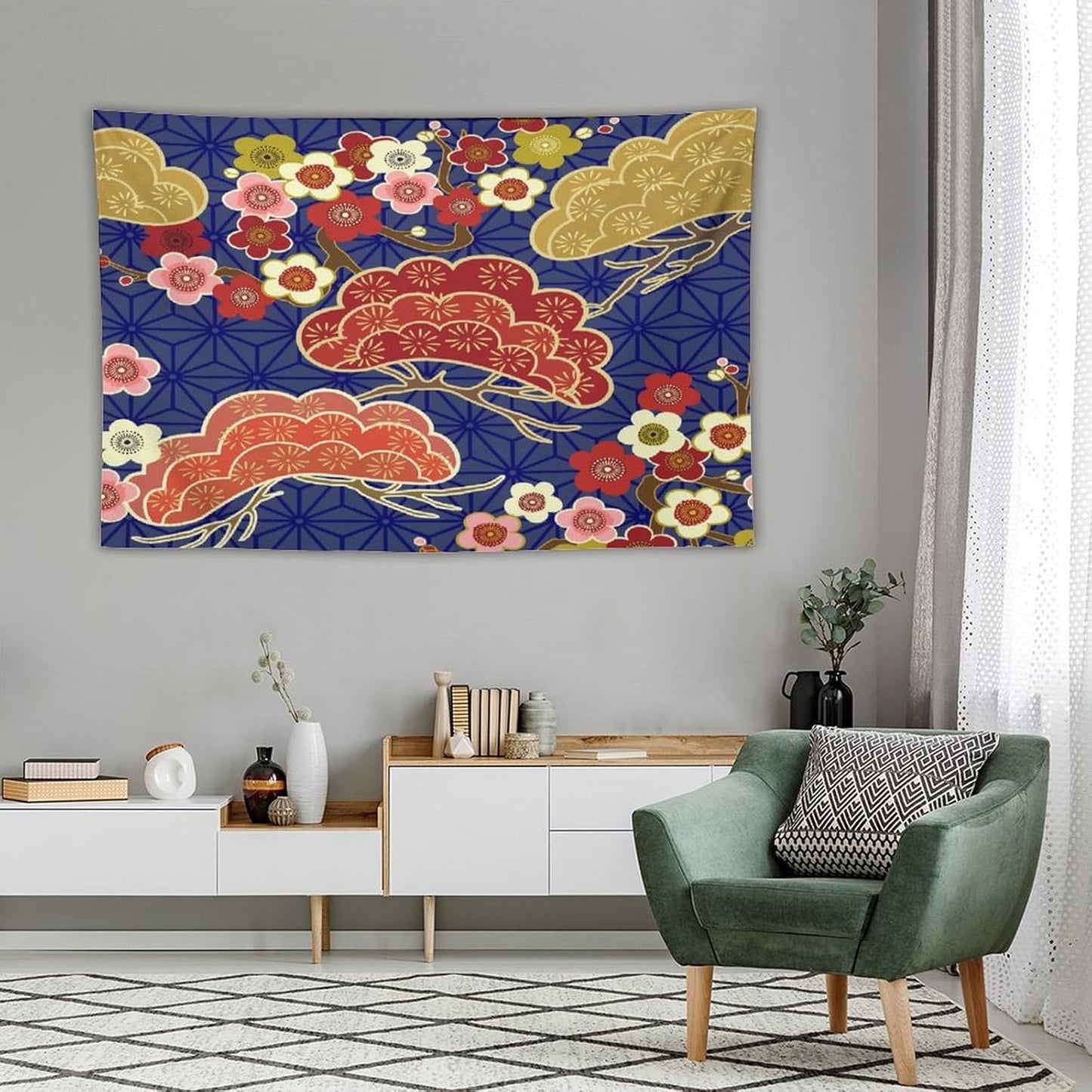 HZOHNAGO Japanese Tapestry Art Abstract Colorful Cherry Blossom Blue Background Pattern Printed Wall Tapestry Painting Wall Hanging for Bedroom Living Room Dorm 60" W x 40" H