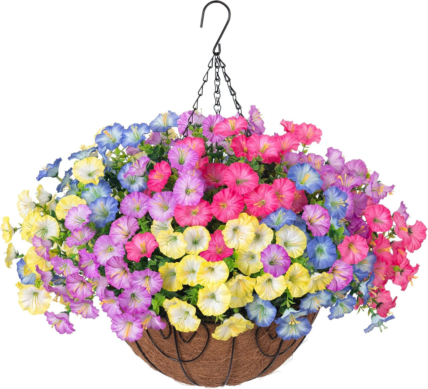 Artificial Faux Hanging Plants Flowers Basket for Outdoors Spring Summer Decoration, Silk Morning Glory Eucalyptus Look Real UV Resistant Fake Flowers for Porch Outside Patio Balcony Yard Home Garden
