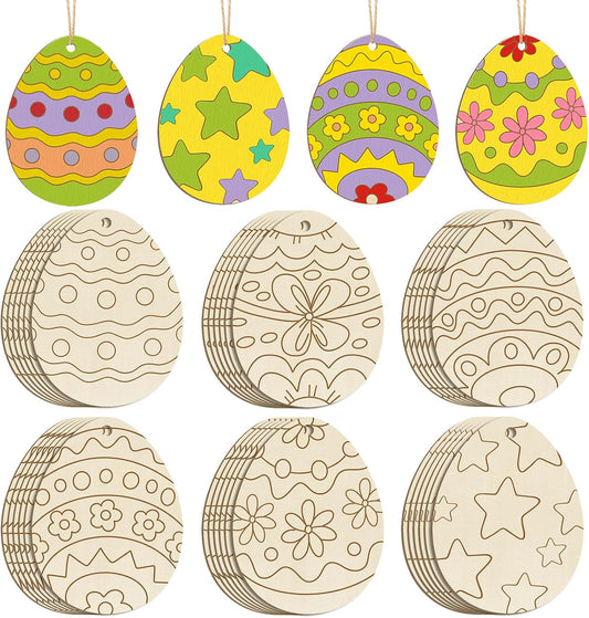 36PCS Wooden Easter Ornaments to Paint, 6 Styles DIY Blank Unfinished Wood Egg Cutouts Ornament for Crafts Hanging Decorations, Egg Rabbit Bunny Butterfly Flower Happy Easter