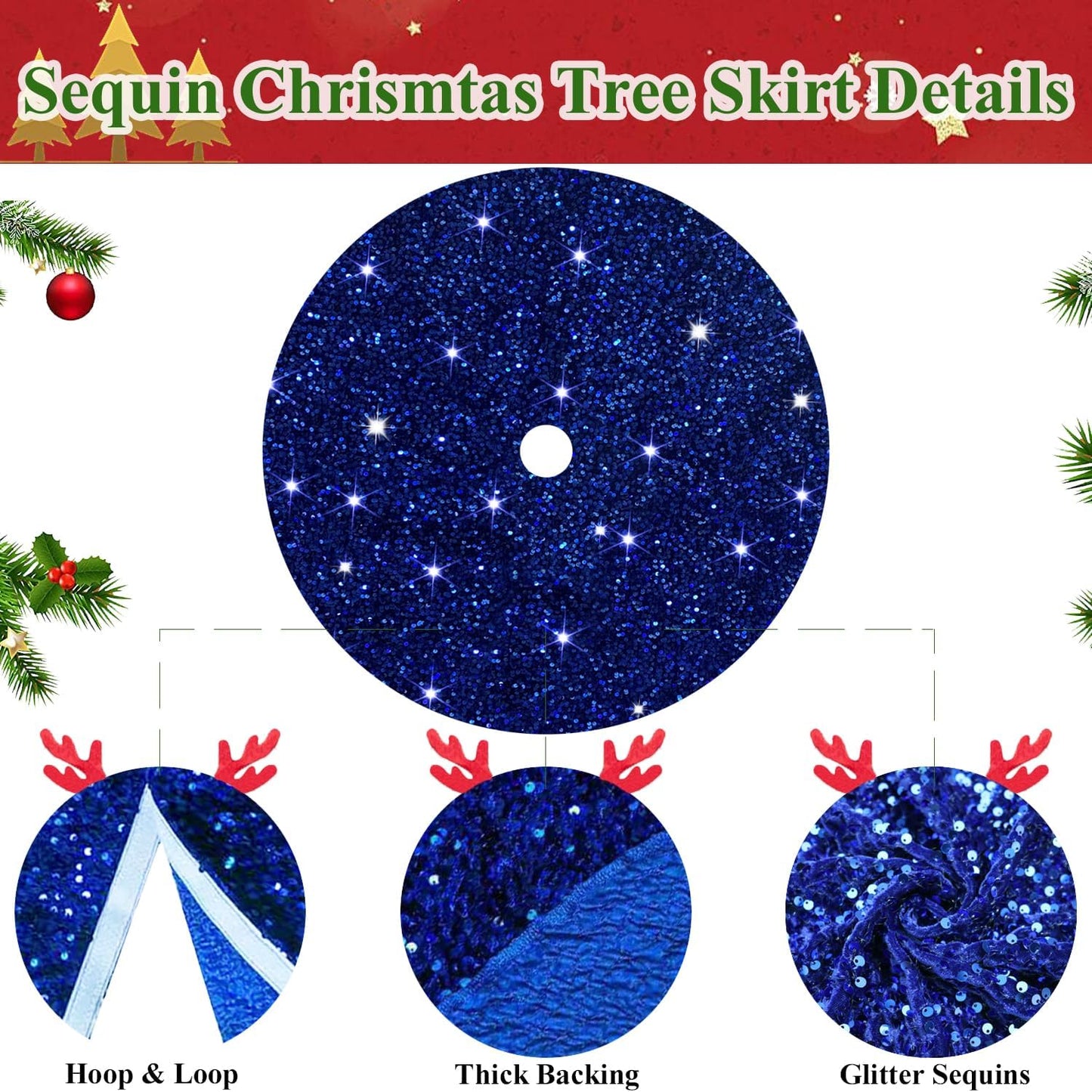 MODFUNS Blue Sequence Christmas Tree Skirt 21 Inches Mini Christmas Tree Mat for Home Decor Miniature Unique Xmas Tree Carpet Skirts Ornament for Christmas Day Family Reunion Holiday Party Banquet