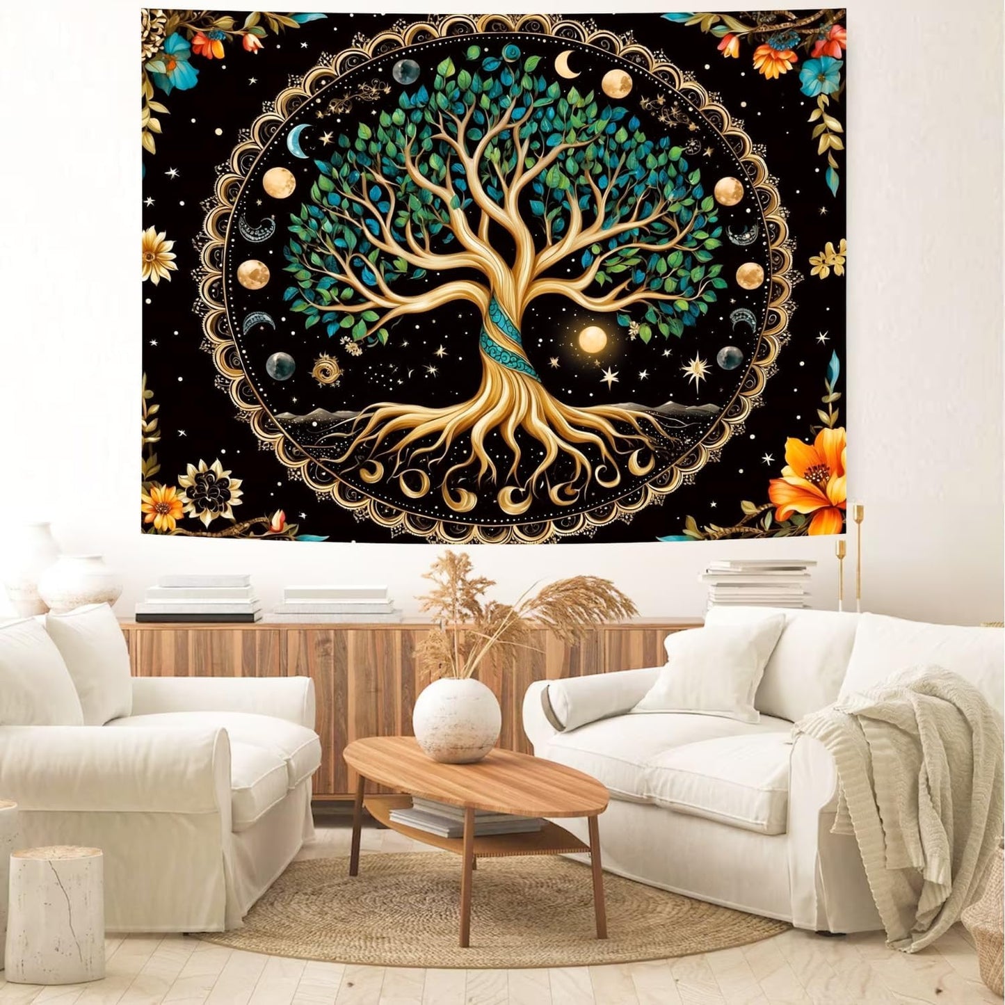 Delur Tree of Life Tapestry Moon Phase Nature Flower Plant Tapestry Wall Hanging Boho Mandala Spiritual Sun Aesthetic Psychedelic Headboard for Bedroom Living Room Home Decor (59.1" x 78.7")