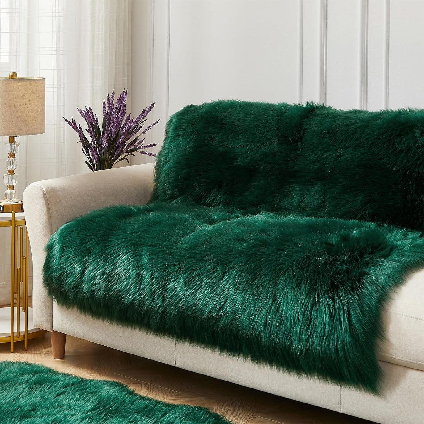 AMTOVO Faux Fur Sheepskin Rug for Living Room, 4 x 6 ft Dark Green Fluffy Area Rug for Bedroom, Playroom, Luxury Room Decor, Rectangle
