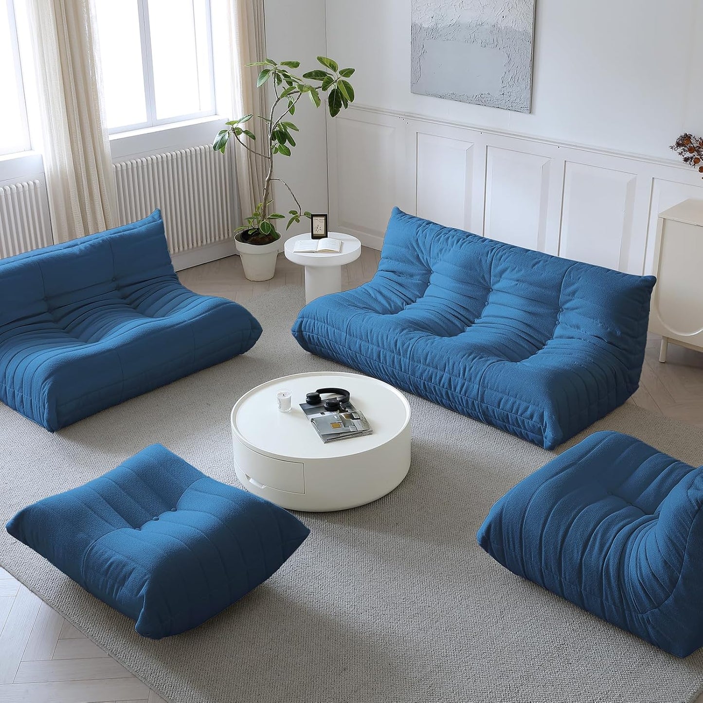 Luxury Sofa Couch Chair, Lazy Floor Seating, Fireside Bean Bag Chair, Ergonomic Tatami Sofa Lounger for Living Room, Bedroom, Office, Loveseat, Blue