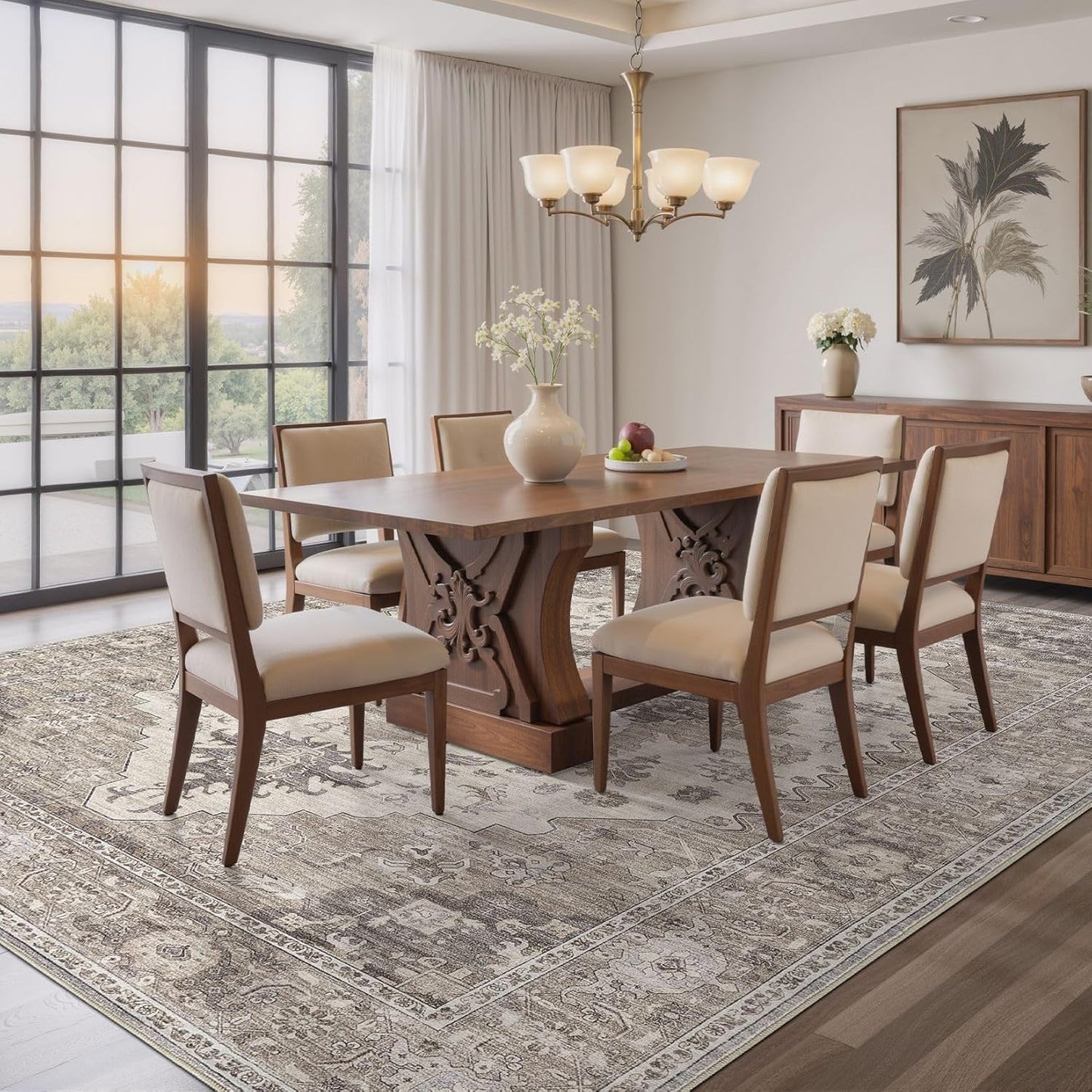 Washable Area Rugs for Living Room -10x13 Neutral Vintage Distressed Floral Farmhouse Boho Large Soft Floor Rug Indoor Non Slip Carpet for Living Room Bedroom Dining Room Office-Brown/Beige