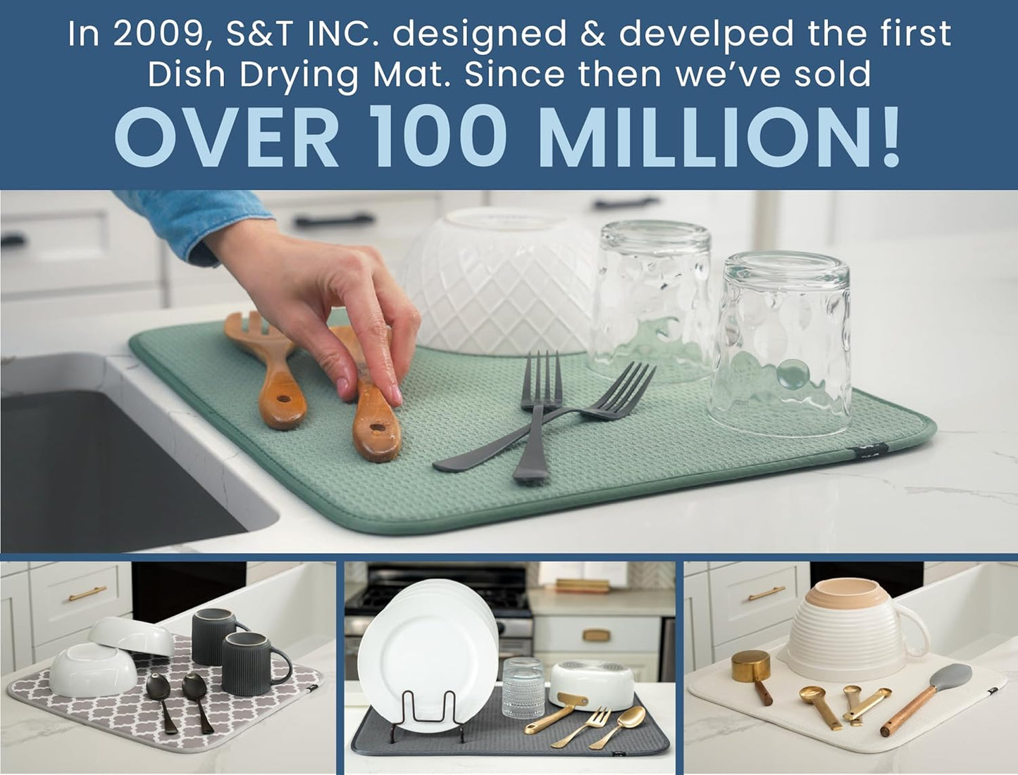 S&T INC. Dish Drying Mat, 16” x 18”, Absorbent Microfiber Kitchen Counter Mat, Dish Drying Pad for Dishes, Utensils, Pots and Pans, Large, Sky Blue