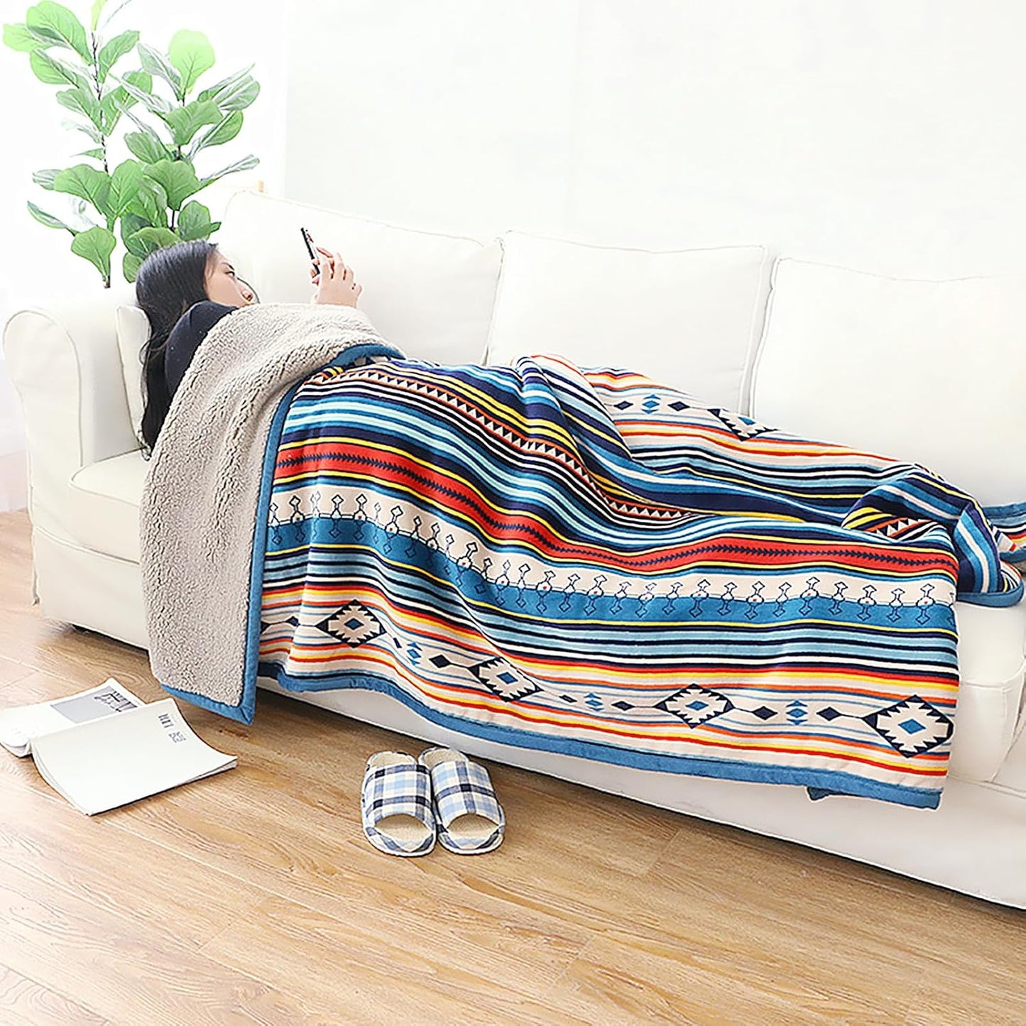 UKELER Bohemian Sherpa Throw 80'' x 60''- Soft Plush Flannel Boho Throw Blankets for Bed/Couch/Sofa/Office/Camping