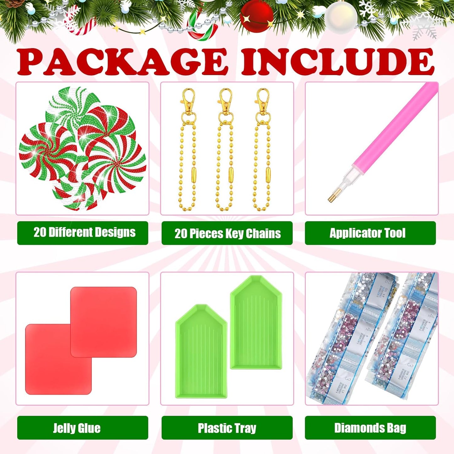 Tondiamo 20 Pcs Christmas Diamond Painting Keychain Kits 5D DIY Diamond Art Pendants Double Sided Hanging Key Chains for Christmas Party Decoration DIY(Cute Candy Cane Style)