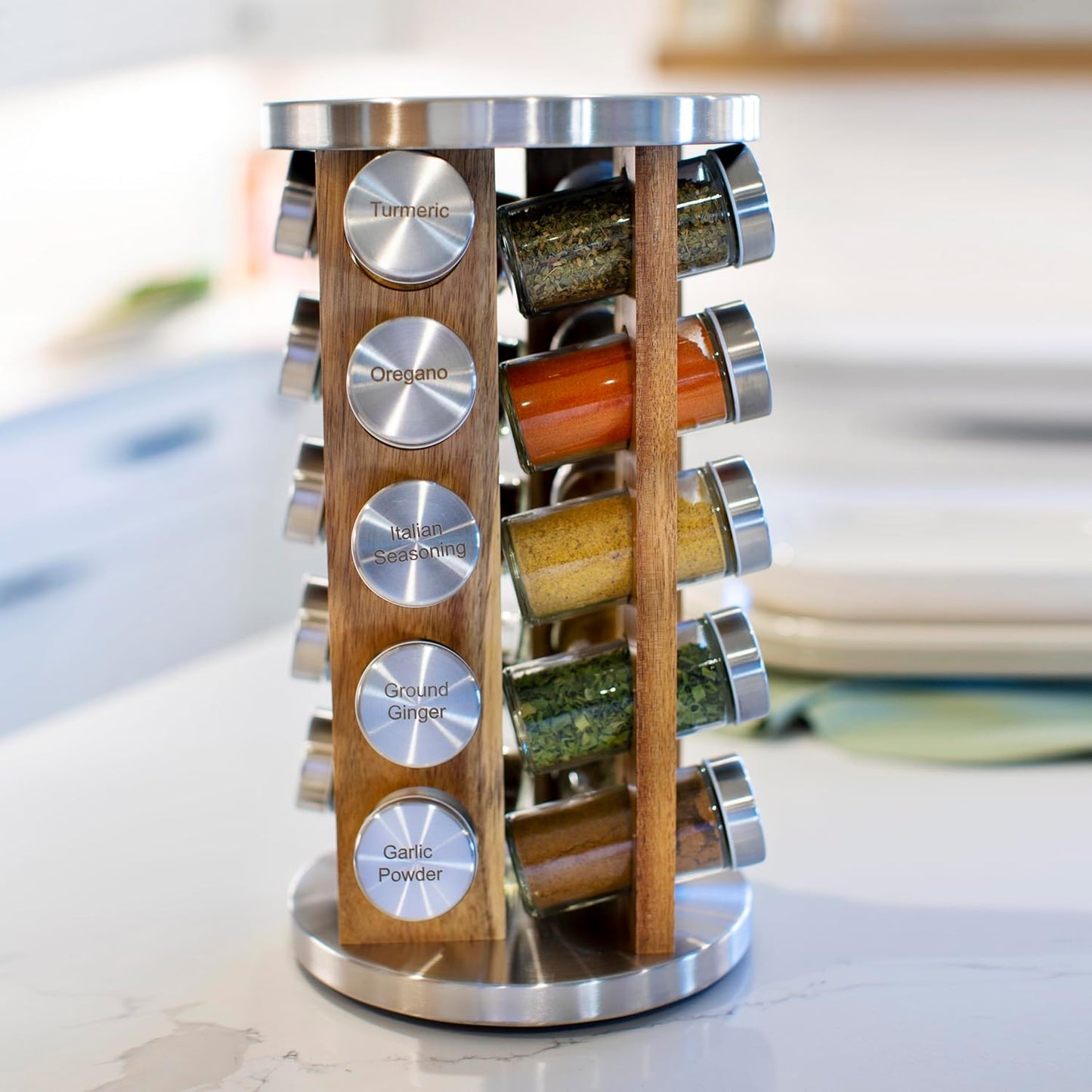 Orii 20 Jar Spice Rack with Spices Included - Tower Organizer for Kitchen Spices and Seasonings, (Natural Acacia Wood)