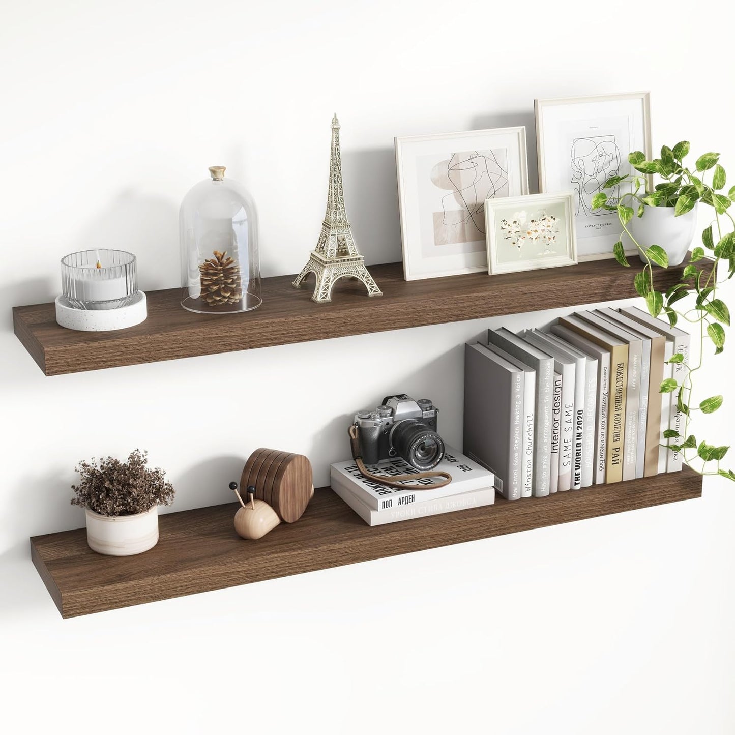 40 Inch Floating Shelves, 8 Inch Deep Floating Shelves for Wall, Hanging Shelf with Invisible Brackets, Deep Shelves for Bathroom, Bedroom, Living Room, Walnut, Set of 2
