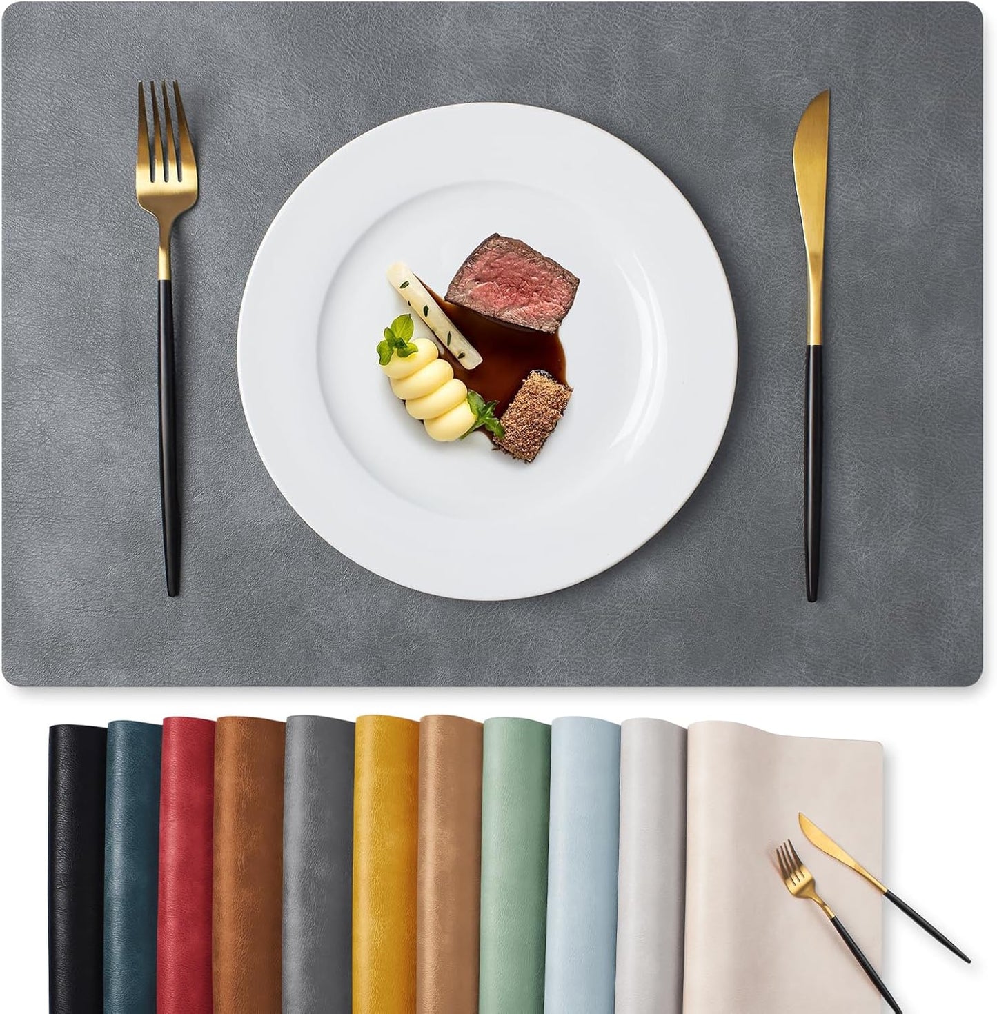 MOSAYT Vinyl Placemats Set of 6-12 X 17 Inch - Faux Leather 100% Waterproof Oil-Proof Wipeable PU Place Mats, Heat Resistant Reversible Table Mats for Kitchen, Dining, Outdoor (Grey)