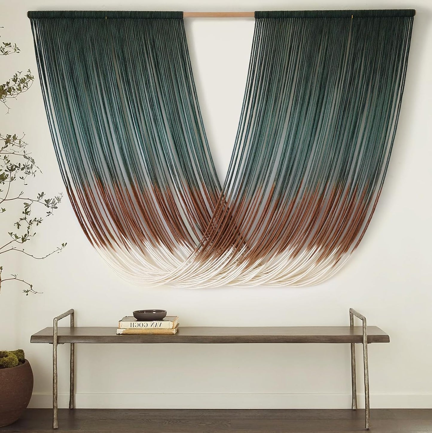 Macrame Wall Hanging Dip-Dye Green Boho Wall Decor Chic Fiber Yarn Wall Art Craftsmanship Bedroom Livingroom Nursery Apartment Home Decor 57" W x 35" L