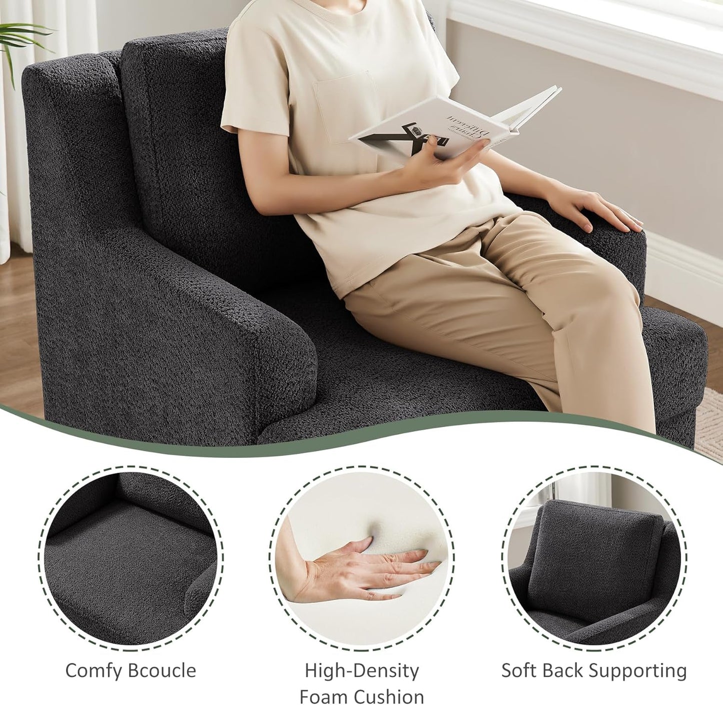 Oversized Accent Chair, Modern Boucle Armchair with Wood Legs, Modern Reading Chair with Thick Cushion, Comfy Chairs for Living Rooms, Bedrooms, Reading nooks and Apartments