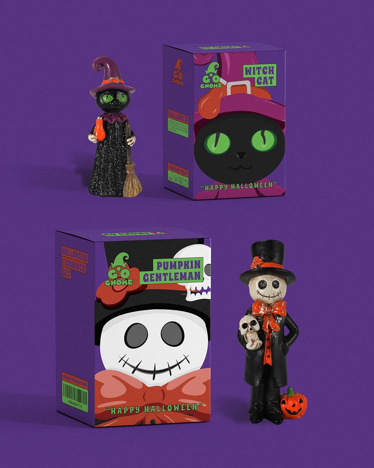 Cute Halloween Decor - 2-Pack 4.5'' Resin Skeleton Gentleman and Witch Broom Figurines - Indoor Halloween Decorations for Home Mantle Fireplace Party Gifts (Ghost & Witch)