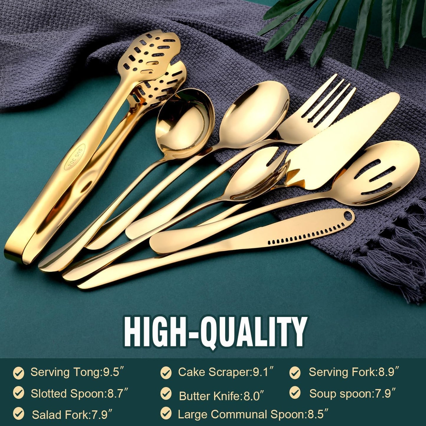 Gold Serving Utensils, OGORI 8-Piece Polished Stainless Steel Flatware Silverware Set Include Serving Spoon, Slotted Spoon, Cake Server, Soup Ladle, Fork, Salad Fork, Butter Knife, Serving Tong