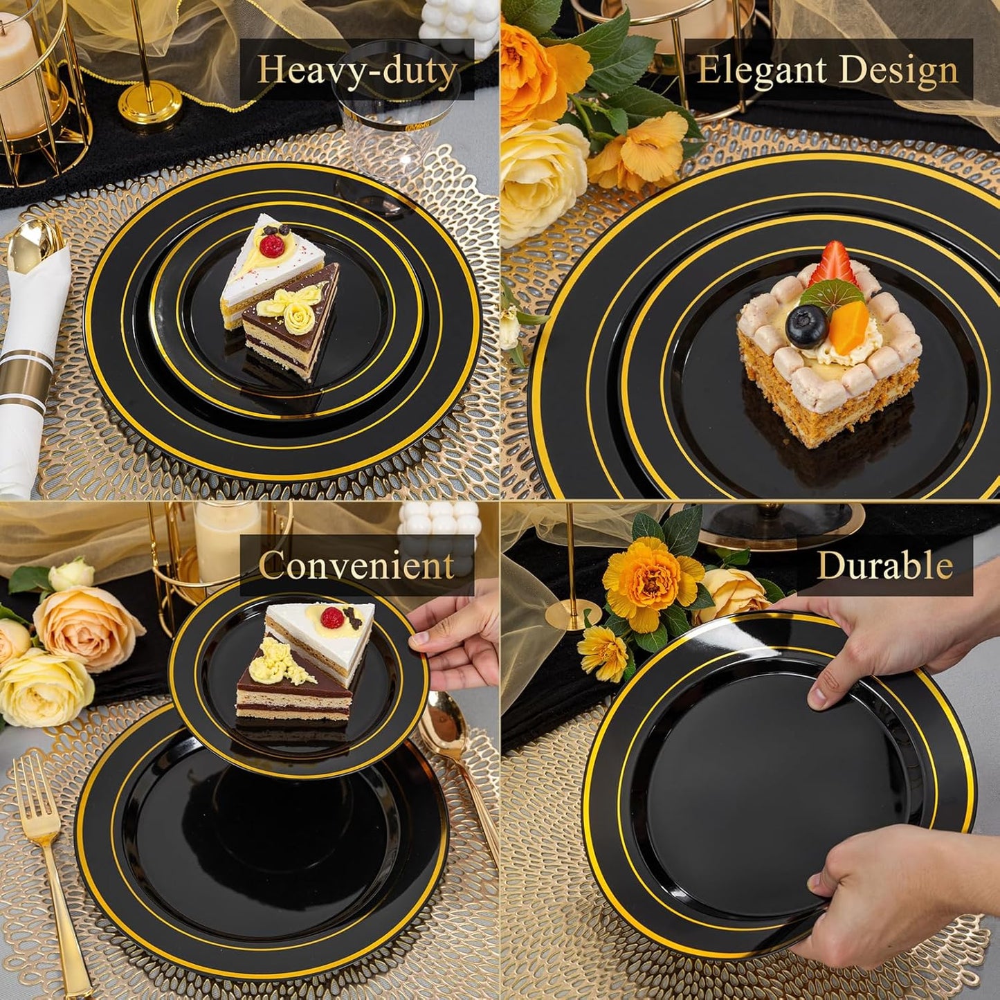 175PCS Black and Gold Plates - Black Disposable Plates for Party - 25Guests Disposable Dinnerware Set for Halloween/New Year/Wedding