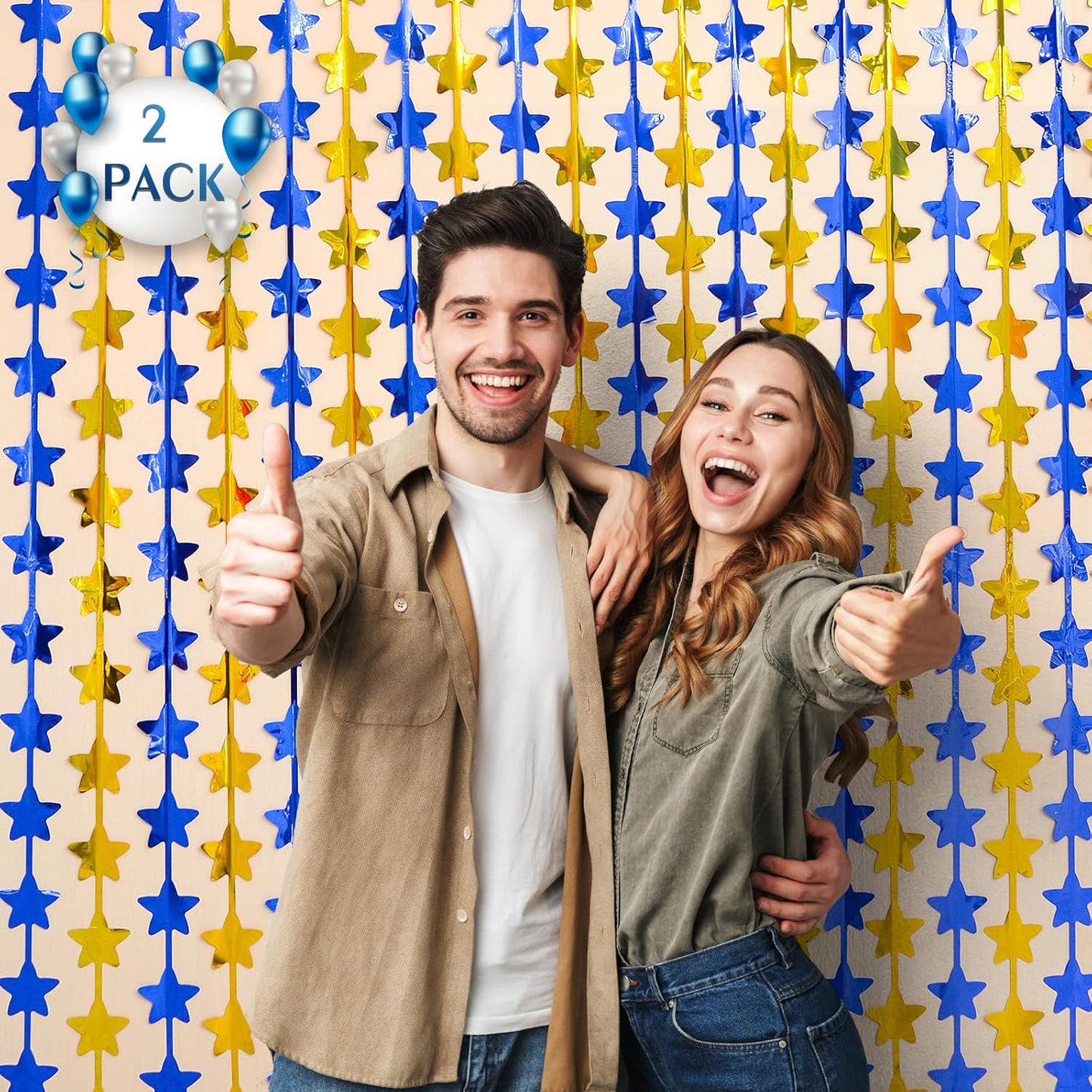 LOLStar 2 Pack Graduation Decoration 2025 3.3 x 6.6 ft Blue Gold Star Each Foil Fringe Tinsel Curtains Backdrop, Navy Blue and Gold Star Streamers for Birthdays, Retirement, Bridal Showers, Banquet