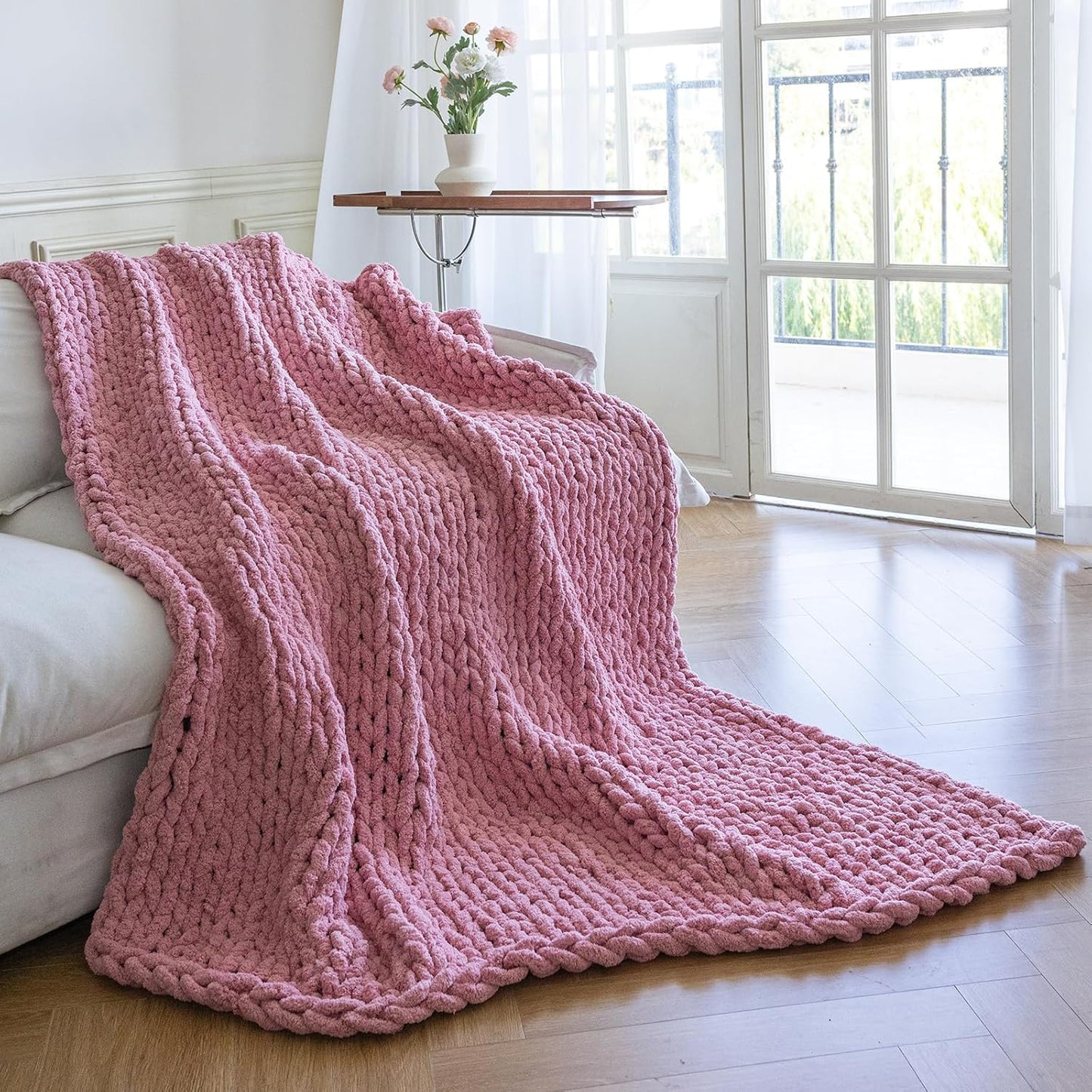 Chunky Knit Blanket - Luxury Soft Cozy 40 * 50 Throw Blanket,100% Woven Blanket Rope Knot Throw Blanket for Couch, Sofa, Home Decor, Gift - Machine Washable（Pink）