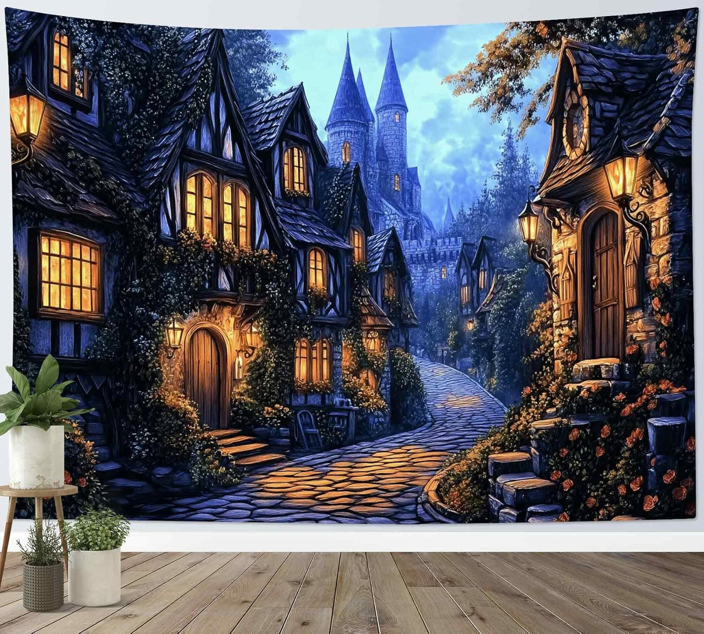 LB Vintage Castle Tapestry, Night Street Old House and Green Tree Wall Tapestry for Bedroom Aesthetic, Village Gothic Wall Art for Living Room Dorm Home Decor Ready to Hanging, 80 x 60 Inches