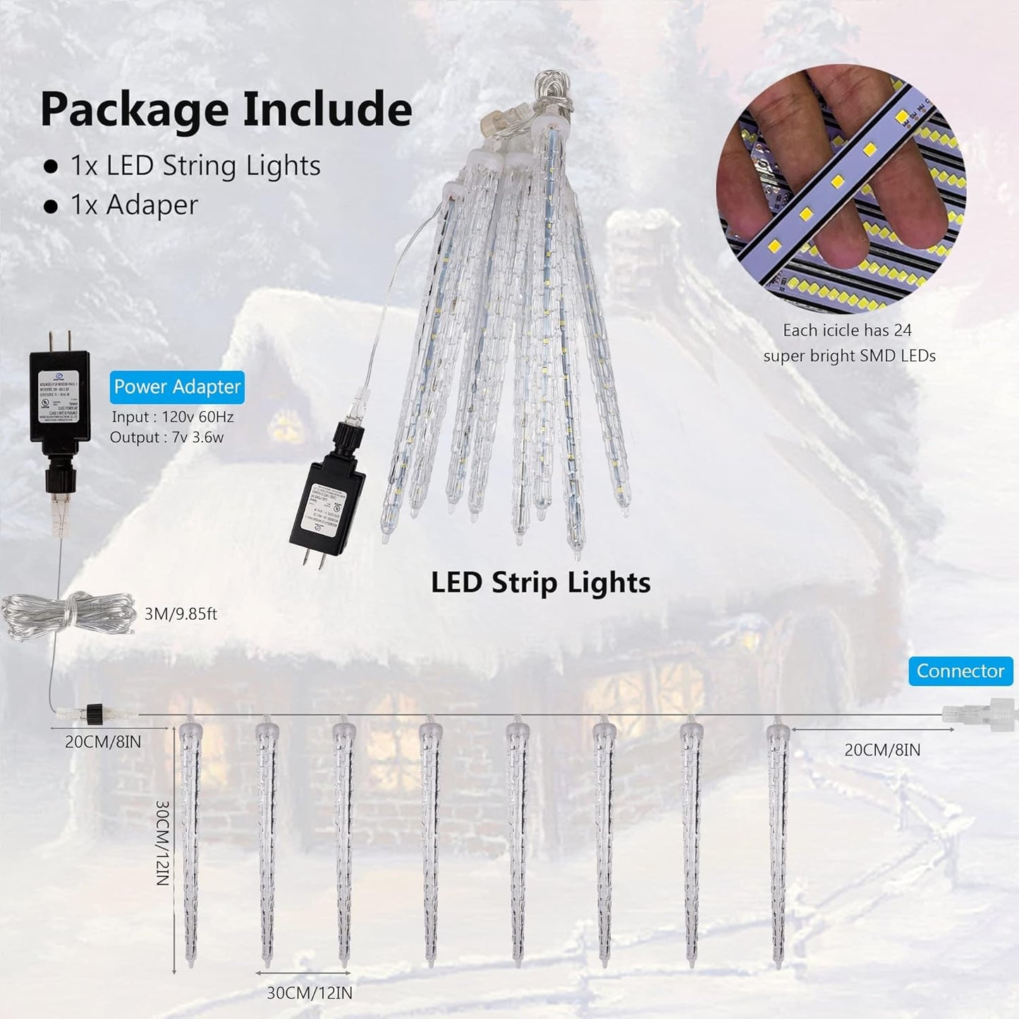 WATERGLIDE Meteor Shower Lights, 12" Outdoor Icicle Christmas Lights 8 Icicles 192 SMD LED Crystal Ice Falling Light, Connectable Raindrop Iciclelight, Xmas Winter Party Tree Holiday Decor, White