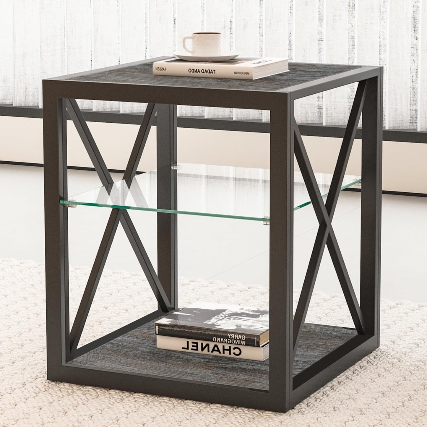 Farmhouse End Table, Modern Side Table with 3-Tier Storage Shelf, Square Rustic Nightstand, Accent Tea Table, for Bedroom Office Living Room, Grey, Natural Wood, Glass, Metal