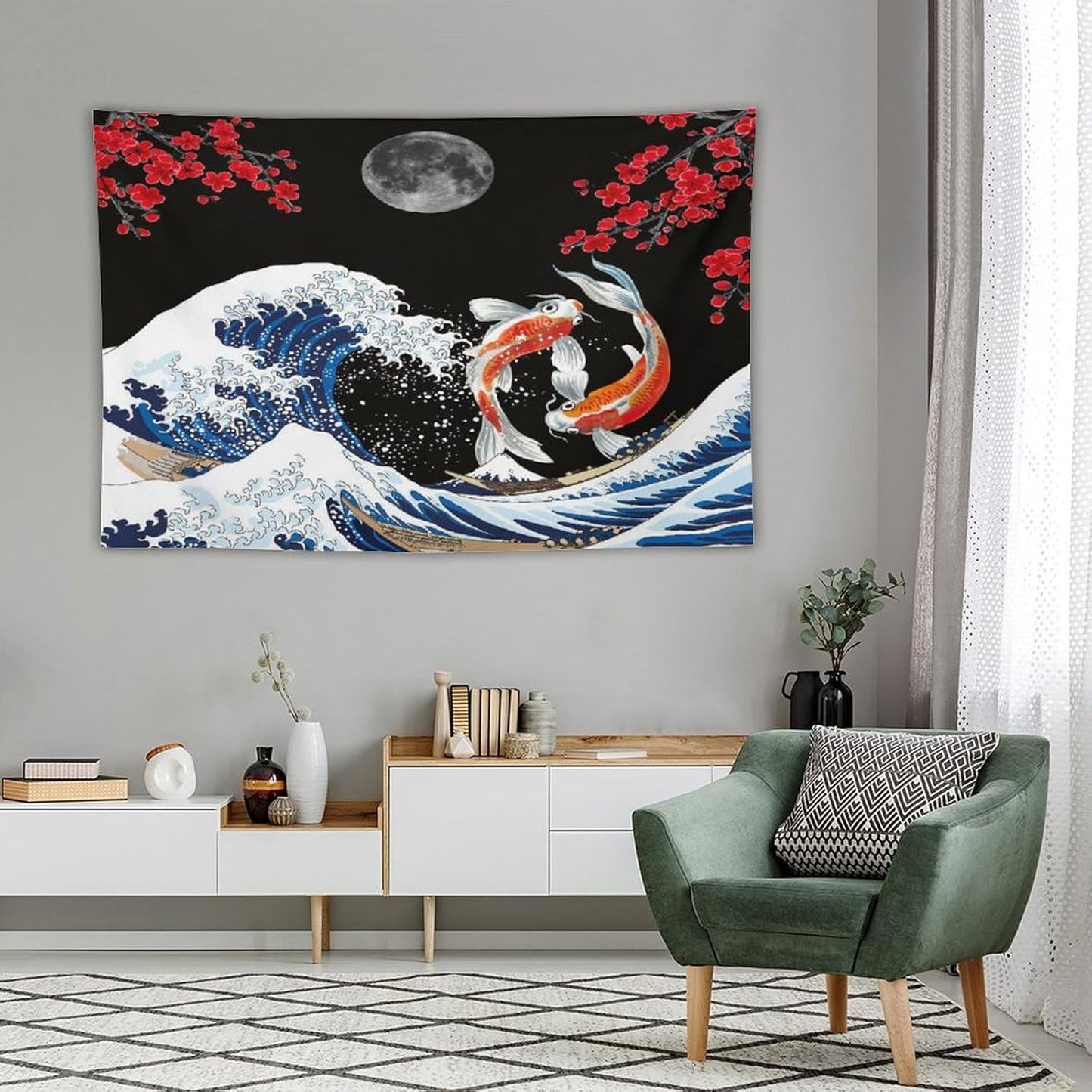 Houselerax Japanese Koi Fish Tapestry, Yin Yang Big Wave Red Cherry Blossom Tapestries Wall Hanging for Bedroom Living Room Office Decor 90"x60"