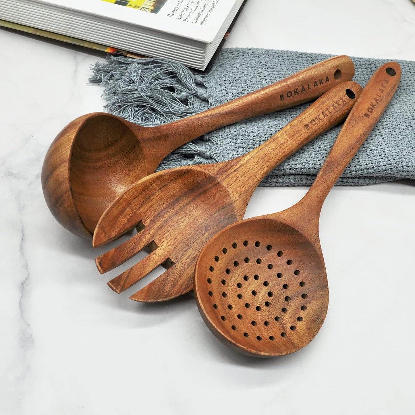 GreyWooden Kitchen Utensil Set, 6Pcs Wooden Cooking Utensils for Non-Stick Pan, 100% Natural Teak Wooden Spatula